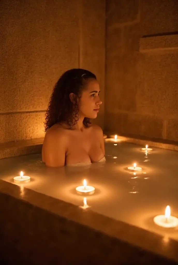 "A woman submerged in a deep stone bathtub filled with warm water and floating candles. Her bare shoulders and knees peek above the water’s surface, glistening softly in the golden candlelight. The surrounding bathroom features rustic stone walls and minimal decor, emphasizing the warm, intimate glow of the candles. Steam rises from the water, adding to the dreamy, tranquil atmosphere."