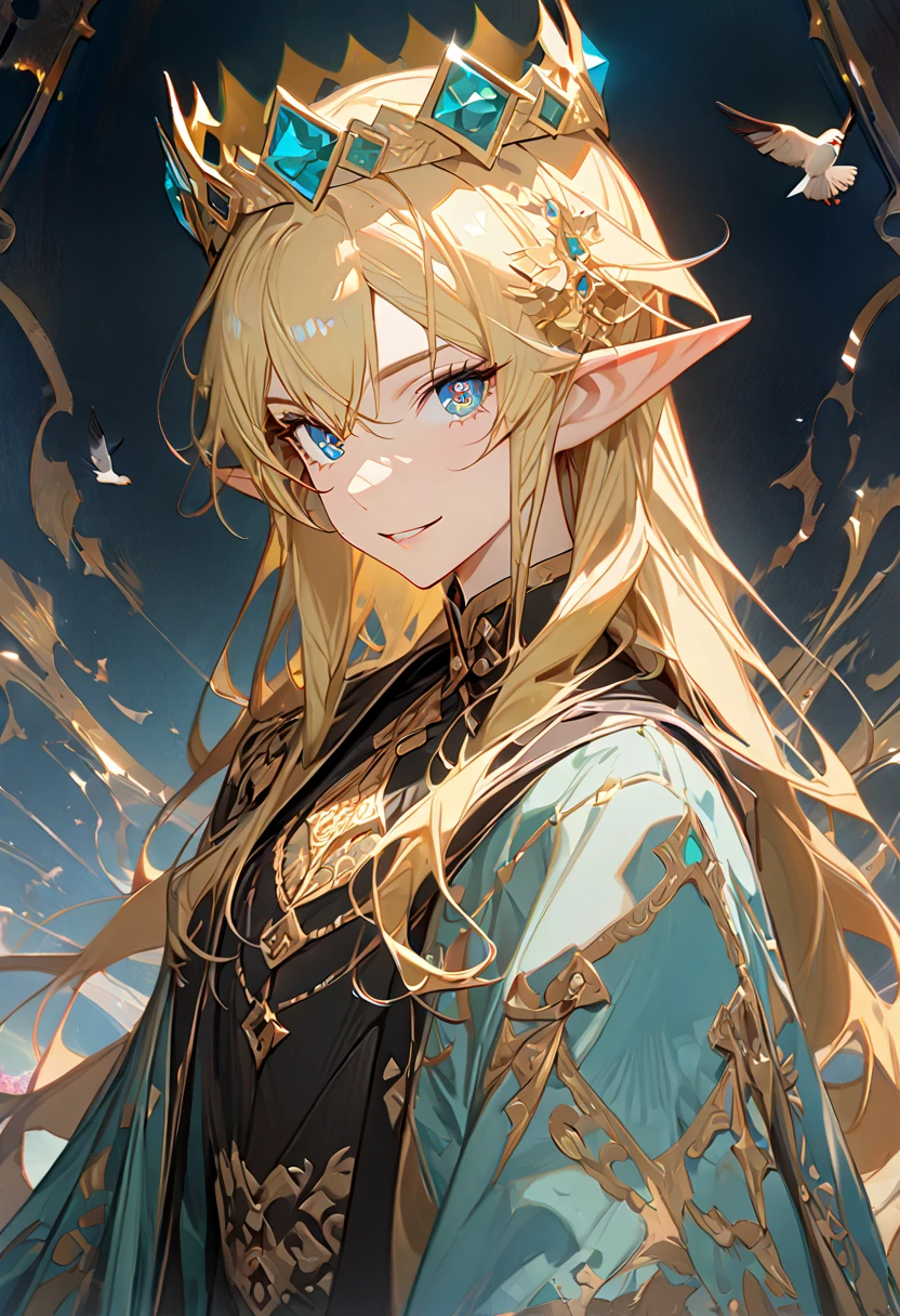 ((masterpiece), (best quality), (8k) ,(4k)) , ((male), (1 person)) ((elf King)), ((Golden Blond), (Blue greenish eyes), (gold wreath crown), (hair ornament), (long hair), (finely detailed eyes and detailed face)), looking at viewer, ((black sleeveless), (half robe), (patterned clothes), (gold embroidery clothes), (meticulous clothes)), majestic looks, smiling gently, small bird, full body, inspired by Asukaziye artist : ask, art style : ask