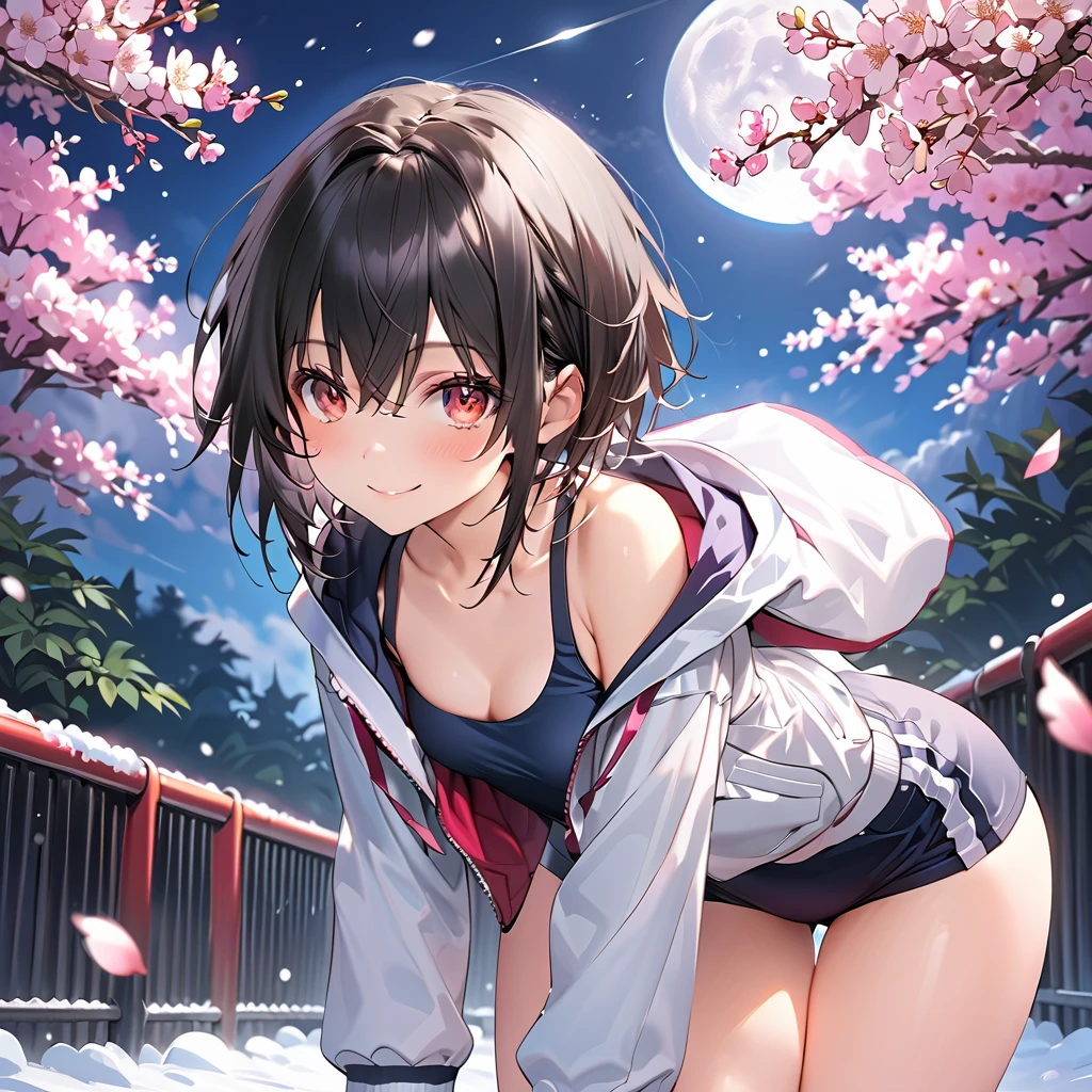 ( Perfect Anatomy), ((32K)), (( top quality )), ((超 high res)), (( high res)), ((超 high res)), (( very detailed CG pinching boob)) , 1 high school girl, red eyes、 black hair, short hair 、smile、blush、( small breasts),Open hoodie、(white school gym uniform),(black buruma),(Thighs:1.5),break,night、moon、 shooting star、cherry blossoms、snow、 cowboy shot,blanc \(Neptunia )\