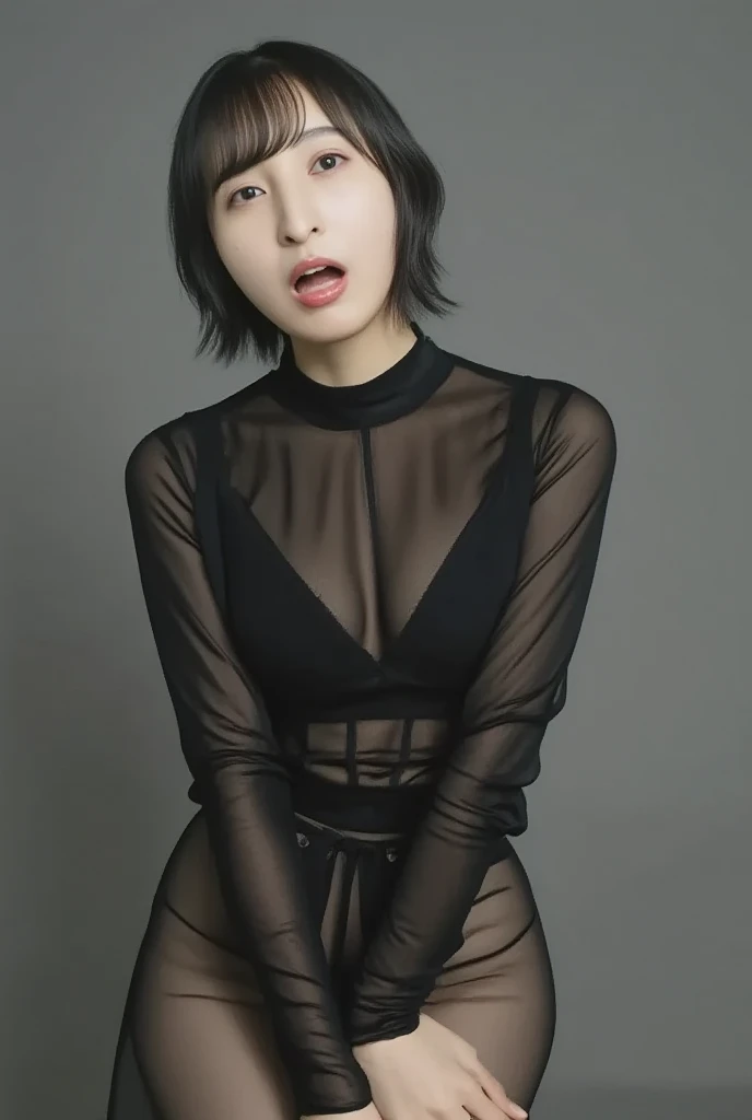  8k, RAW Photo, Best Quality, Masterpiece:1.2),(Realistic, photo-realistic:1.37), Super Detail, Wearing black pantyhose,She is wearing tight thin fitting transparent black long sleeve turtleneck, no skirts, transparent, cinematic lighting, sexy pose, monotone background, facing front, portrait, dressed up to the belly button, dressed up to the neck,black pantyhose,no pants,only pantyhose,no underwear, , (crawling position on their hands and knees,Showcasing cleavage,Emphasize the cleavag, ((Open your mouth:1.6)), ( stick out your tongue:1.8),
