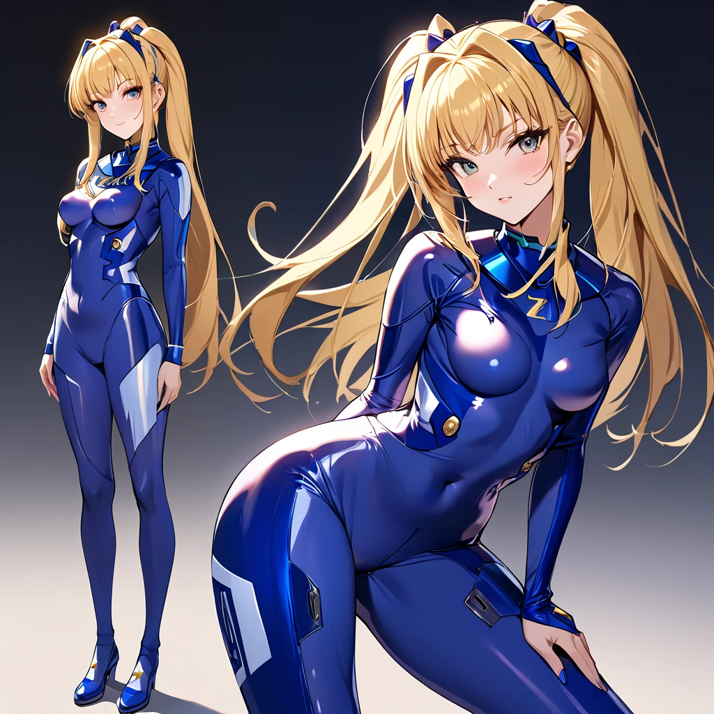 (( top quality )), ((masterpiece)), ( Details), （perfect face）、Blonde Zeta wears a blue full-body number suit and poses in a sexy pose showing her whole body