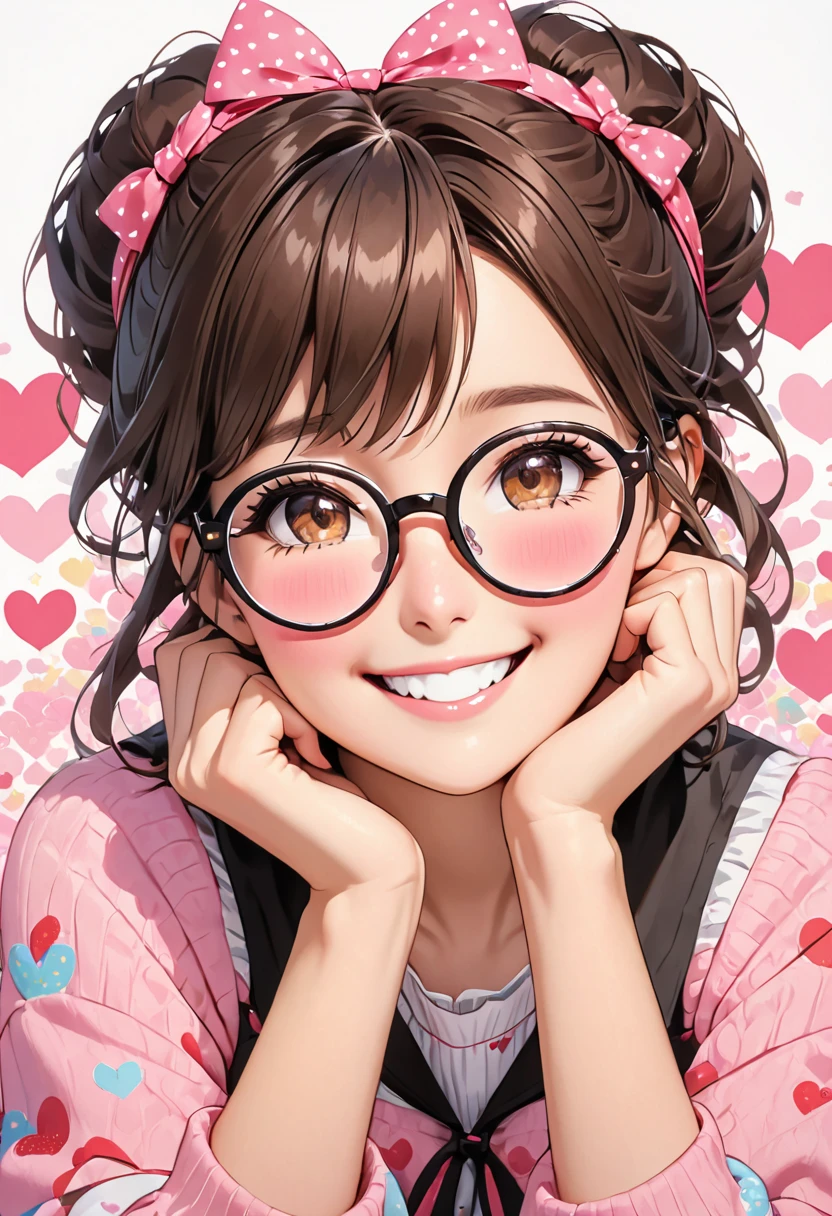 young woman, アニメ, very curly hair, curls, curls, dark brown hair, long hair, hair flying, Caucasian skin, brown dark eyes, Cat's ears, cat syrup, round golden glasses, little pink blouse, jeans, necklase, cheerful grin, pinky skin, blush cheeks, making sexy heart sign, nudes