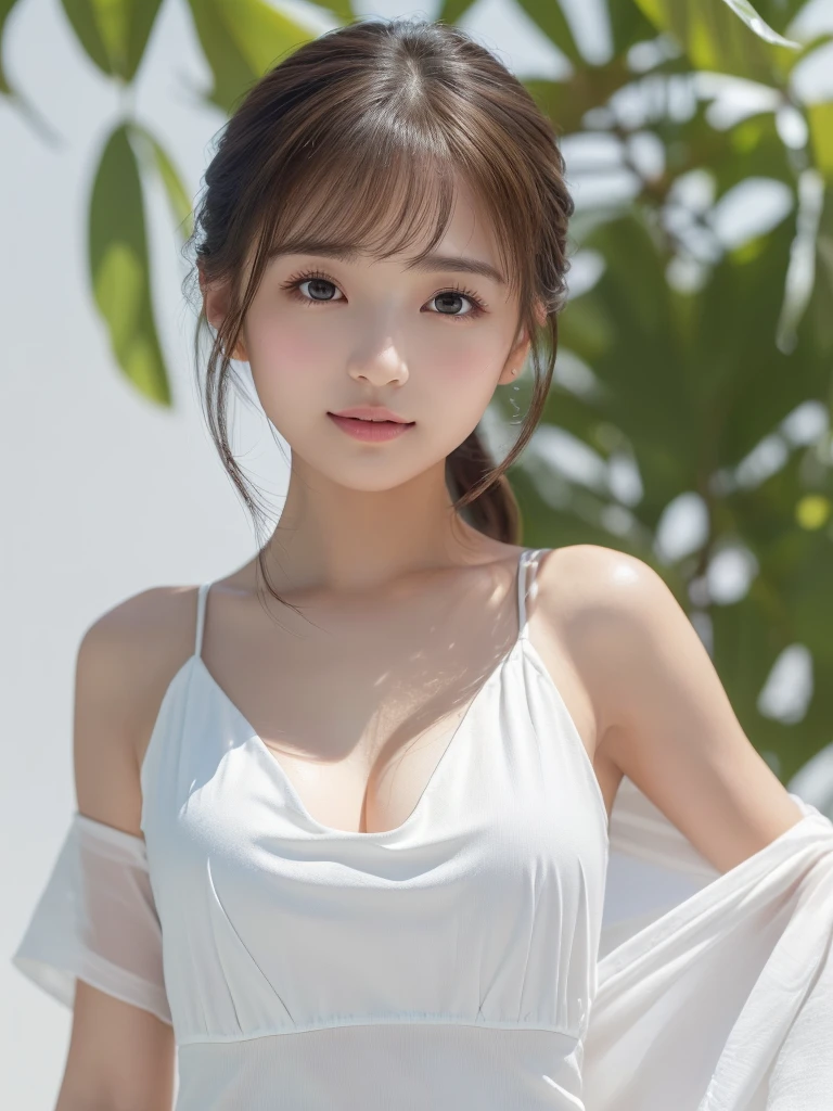   Beautiful breasts,(Neat,     elegant :1.4),,(adult,1.4),(  Clear Eyes :1.4),(     so cute:1.2),(   small breasts:1.2),      natural cosmetics ,   Touch your head with a gentle smile ,    wide shot,(Highly detailed debtace and skin texture:1.4),(Alone:1.3),   top quality   ,masterpiece,   Ultra-fine ,( realistic:1.3),( 8K ultra HD,  RAW photos:1.2),35mm Lens, debt/1,( detailed eyes:1.2),  double eyelids,(    White Background   : 1.3) ,(  Standing posture ,debtull body:1.4、White clothes、 Intermediate Shooting  、(((Place your right hand on your chest 1.85)))、(((young、、   girl )))、      ponytail hair that widens your full nude crotch 、(((Clear 1 .5、 ピュア1.5)))、