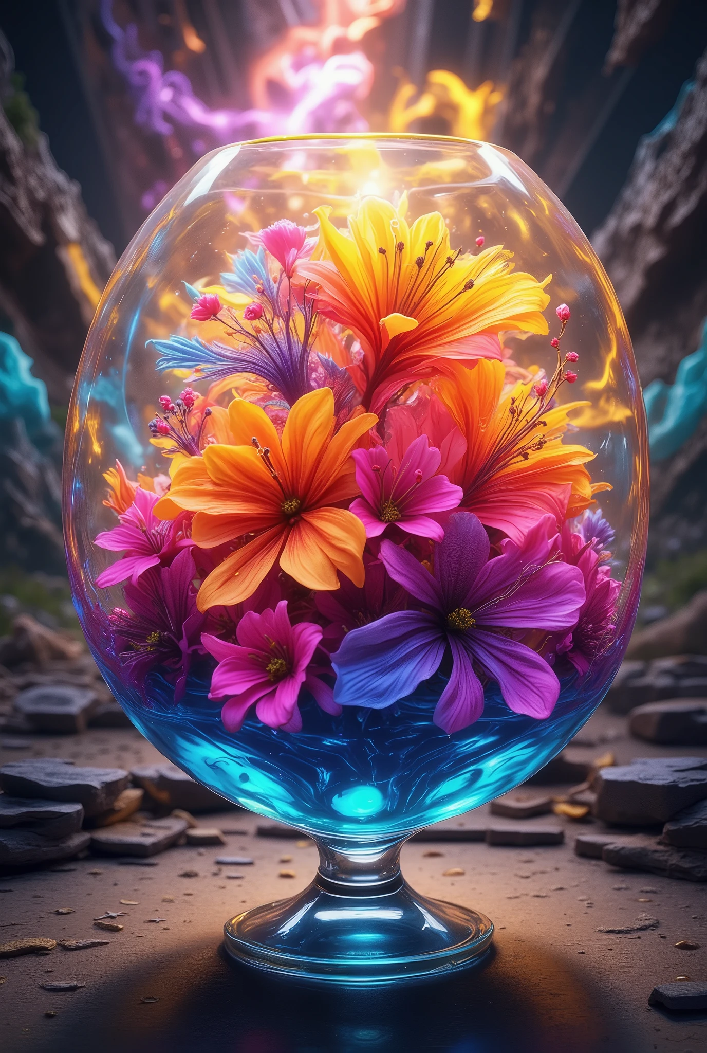  Beautiful Bouquet of Exotic Flowers in a Beautifully Shaped Glass Vase, bright background, Beautiful delicate ,  Very Beautiful ,  masterpiece fails,  maximum detail , 8 k, Fantasy, fantasy style,