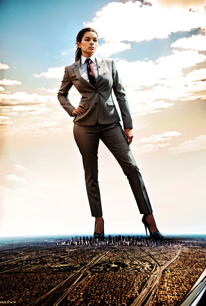 view from outer space of an approaching young giga giantess, Giantess art, 500 miles tall giga giantess, young white sophisticated and stylish woman in a blue italian trouser suit, form fitting crisp office shirt, and a large wide pasiley red necktie in a large windsor knot, with a beautiful, curvaceous figure, large natural breasts, white ginger hair in a very long ponytail, with a curvaceous figure and massive breasts. wearing rounded court high heels with uncovered feet and standing, rampage-like pose, with a city skyscrapers background of mega-city, skyscapers, bright mid day sun, cloudy atmosphere. The image is a high-resolution, masterpiece-quality, cinematic, ultra-detailed, and hyper-photorealistic photograph, with perfect hands, face, and lighting. ultra-detailed, 8K, photo-realistic, hyper-realistic, masterpiece, intricate details, full body view. Looking pasted camera, The image is a high-resolution, masterpiece-quality, cinematic, ultra-detailed, and hyper-photorealistic photograph, with perfect hands, face, and lighting. ultra-detailed, 8K, photo-realistic, hyper-realistic, masterpiece, intricate details, from far down below