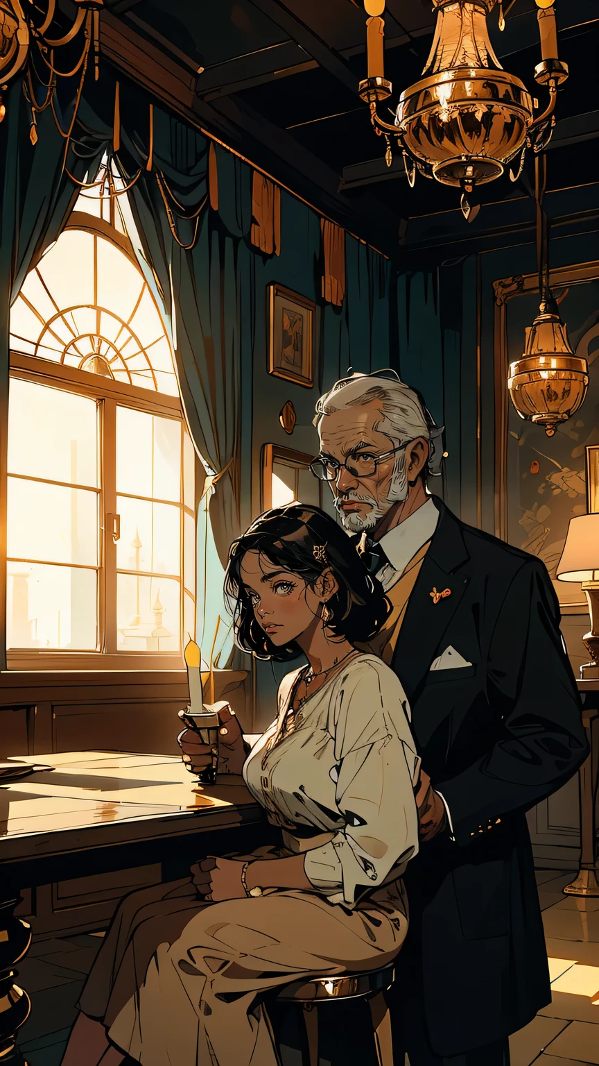 “Inside the grand, dimly lit dining hall of the Ferrini family mansion, Alessandra and her father, Salvatore, sit at a long, polished wooden table covered with maps and documents. A large, ornate chandelier hangs above them, casting a golden glow on their faces. The atmosphere is heavy with tension as they discuss their next move in the war against the Russo family. Alessandra’s expression is conflicted, while her father is cold and determined. The walls are lined with portraits of ancestors, and the windows reveal a storm brewing outside, mirroring the storm within their family.”
