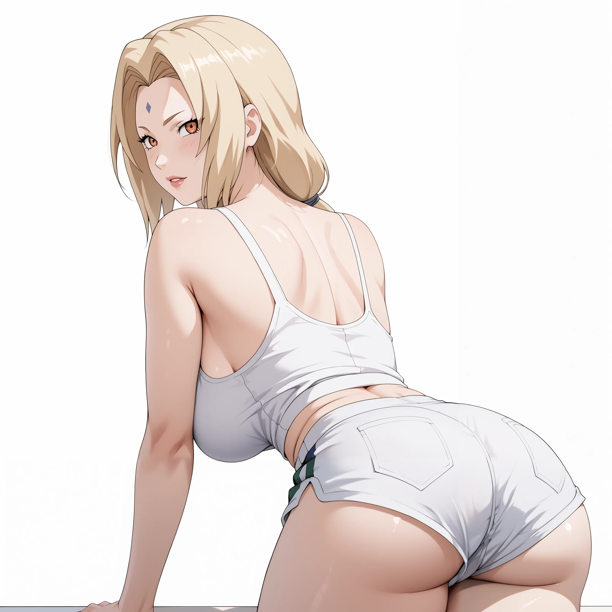 Masterpiece, extremely detailed,perfect quality,4k ,2D ultra graphic,anime,tsunade,bigbreasts ,sexy,perfect sexy body,slim body,sexy ass,long legs,squad pose,beauty korean face ,manhwa face ,ambarrased face ,white tanktop,sexy white short pants,back looks,white plain background