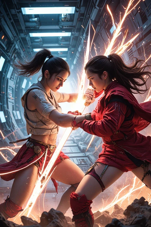  dynamic action , two girls fighting ,  very dynamic camera work , hold swords, high brightness. bright color, dynamics, movement, rage, battle, body weave , energy,  spaceship corridor background