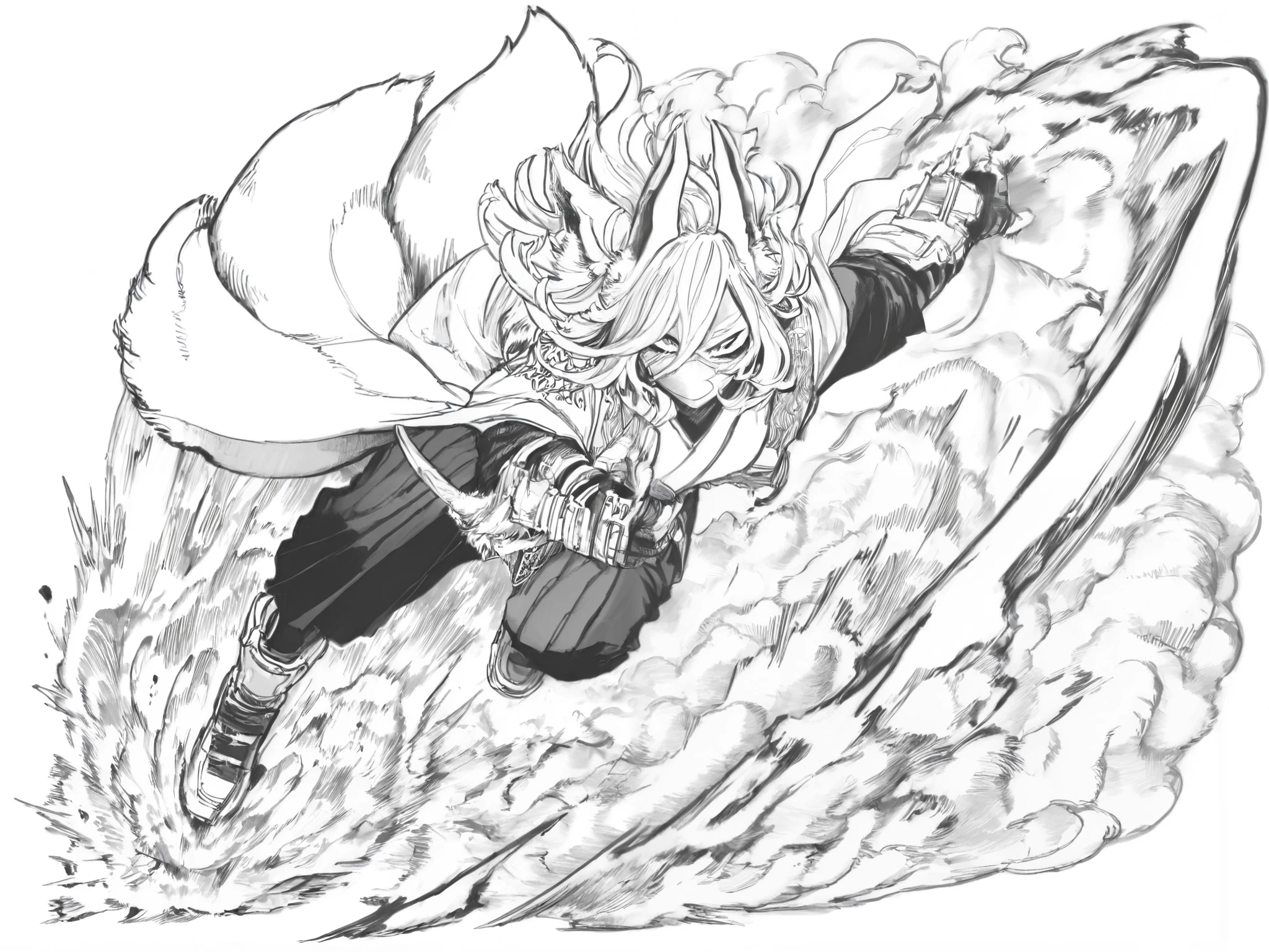 score_9, score_8_up, score_7_up, score_6_up, score_5_up, score_4_up, Kohei Horikoshi, My Hero Academia, kentaro_miura_style, monochrome, greyscale
BREAK
(masterpiece: 1.0), best quality, monochrome, greyscale, crosshatching, directional hatching, gradients in shading, perfection, highly detailed hatching /texture/, extremely shaded
BREAK
1girl, Asian, long detailed hair, dynamic pose, foreshortening, sharp finned gauntlets, kimono, kitsune, fox ears, fox tail, mask, action pose, high angle, 