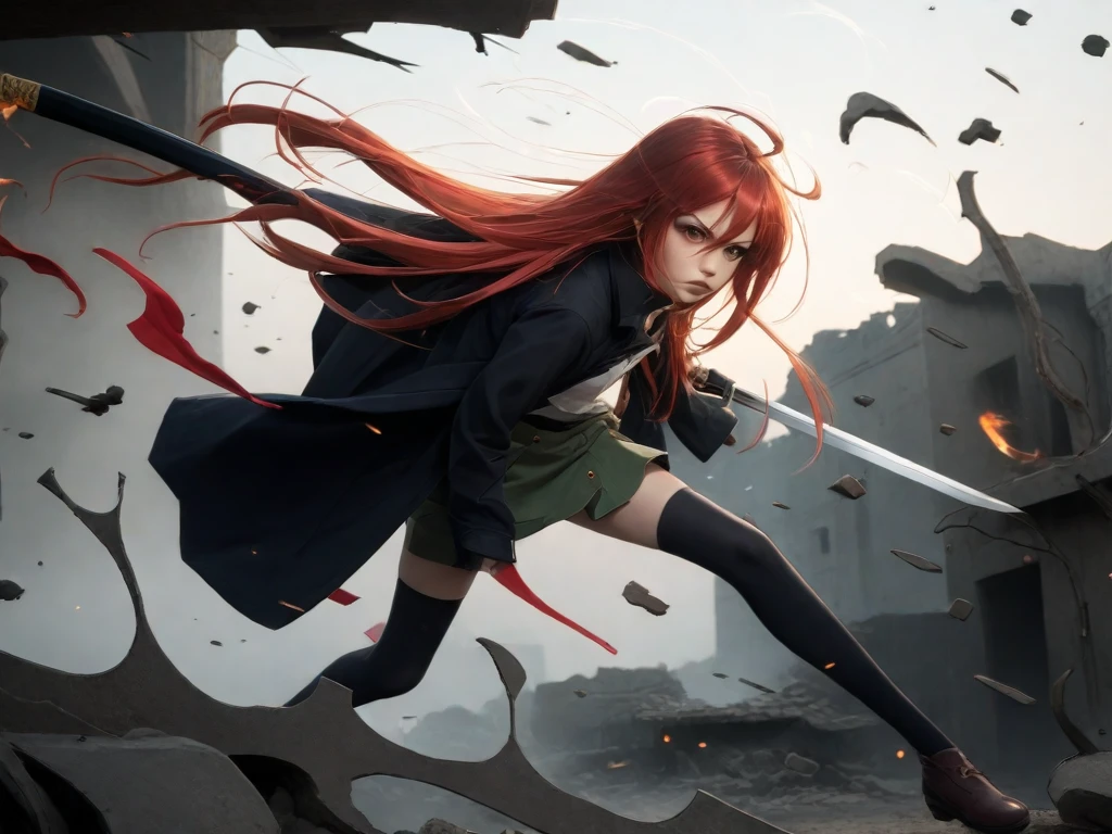 1 girl, cowboy shot, rubble ruins, anger, (battle preparation:1.2), open your mouth, (night:1.2), explosive inflammation,shana, red eyes, redhead, very long hair, hair between eyes, (Ahoge:1.1), explosive flame,abandoned building,rubble serafuku, , short sleeve, green skirt, Thighhighs,long Japanese sword wrapped in flames..,highest quality, masterpiece, High resolution, very long black coat,
shana, red eyes, red hair, very long hair, hair between eyes, ahoge),  score_9, score_8_up, score_7_up, source_anime, Swing a sword with both hands ,(photo realistic:1.4),(realistic skin:1.4),photo realistic,A large Japanese sword in the back,long katana