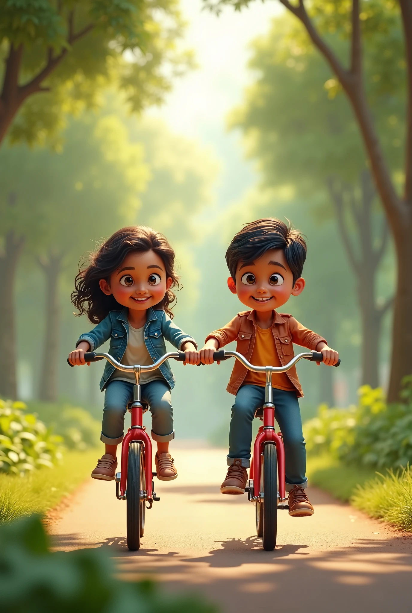 Create a 3D image of indian cute s cycling in the park. Wearing jeans t- shirt and denim jacket there happily riding the cyclin atmosphere for a pescofumo ment together