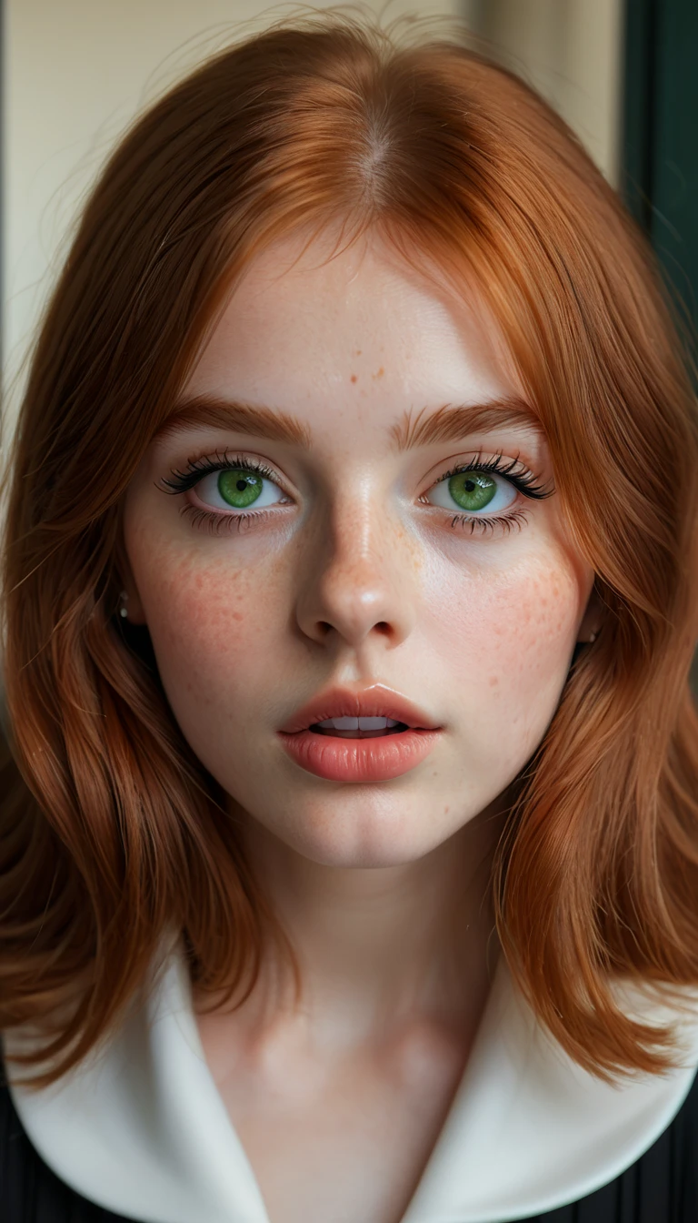 a redheaded girl (best quality,4k,8k,highres,masterpiece:1.2),ultra-detailed,(realistic,photorealistic,photo-realistic:1.37),beautiful detailed eyes, beautiful detailed lips, extremely detailed eyes and face, longeyelashes, natural lighting, warm color tones, intricate details, cozy atmosphere, photoshoot, clean interior, daily life, candid, girl next door, cute, feminine, retro aesthetic, big lips, straight hair, black collar, big green eyes, freckles, makeup, piercing