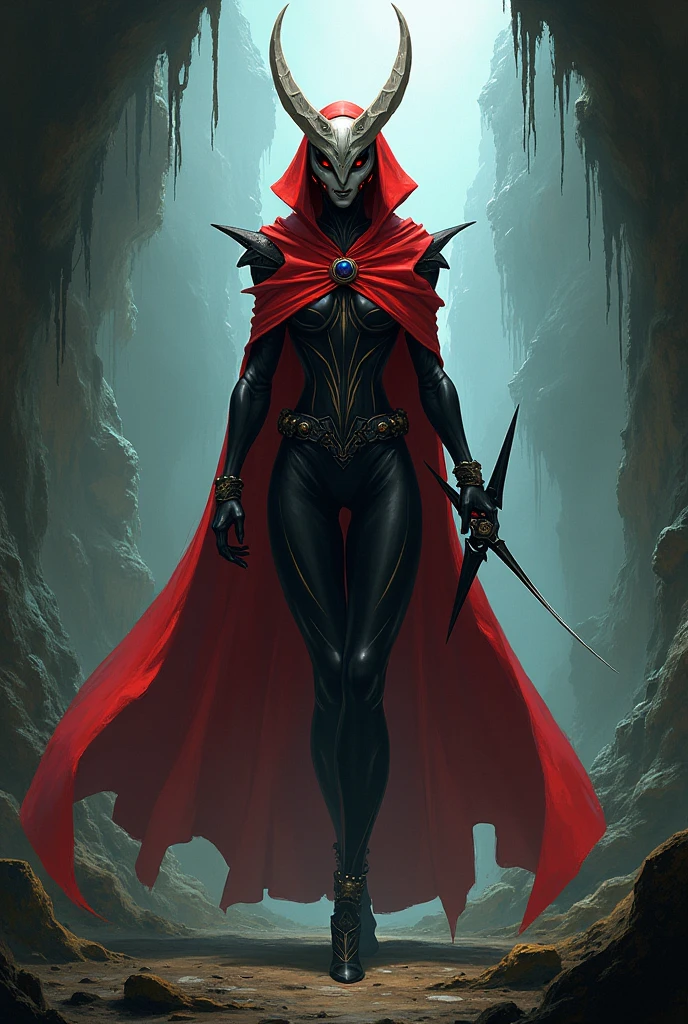 (1girl:average breasts, mask, hornet \(hollow knight\), big ass, black skin, red cape), <lora:LoRA_Hornet-000004:1>, high quality, high resolution, extreme detail, masterpiece, intricate details, [volumetric fog], cinematic lighting, photographed on a Canon EOS R5, 50mm lens, F/2.8, HDR, 8k resolution, colorful