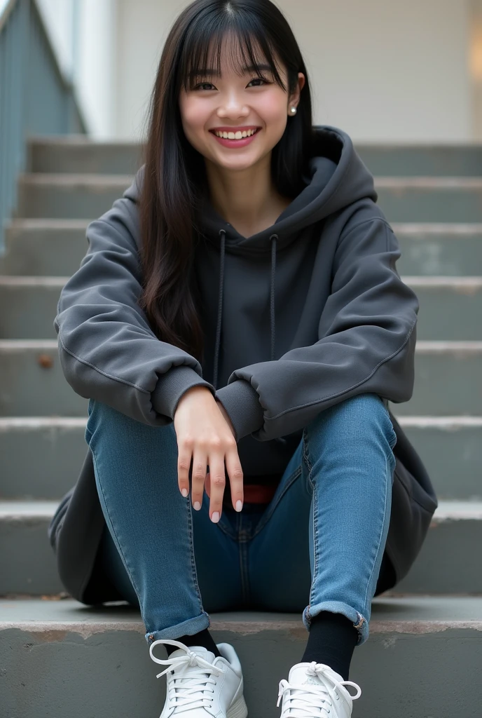 Super Resolution、Beautiful Vietnamese woman、Full body photo、sitting on a park bench、Short Haircut、ear piercing、necklace、hoodie、Skinny jeans、sneakers、、smile、Beautiful teeth alignment