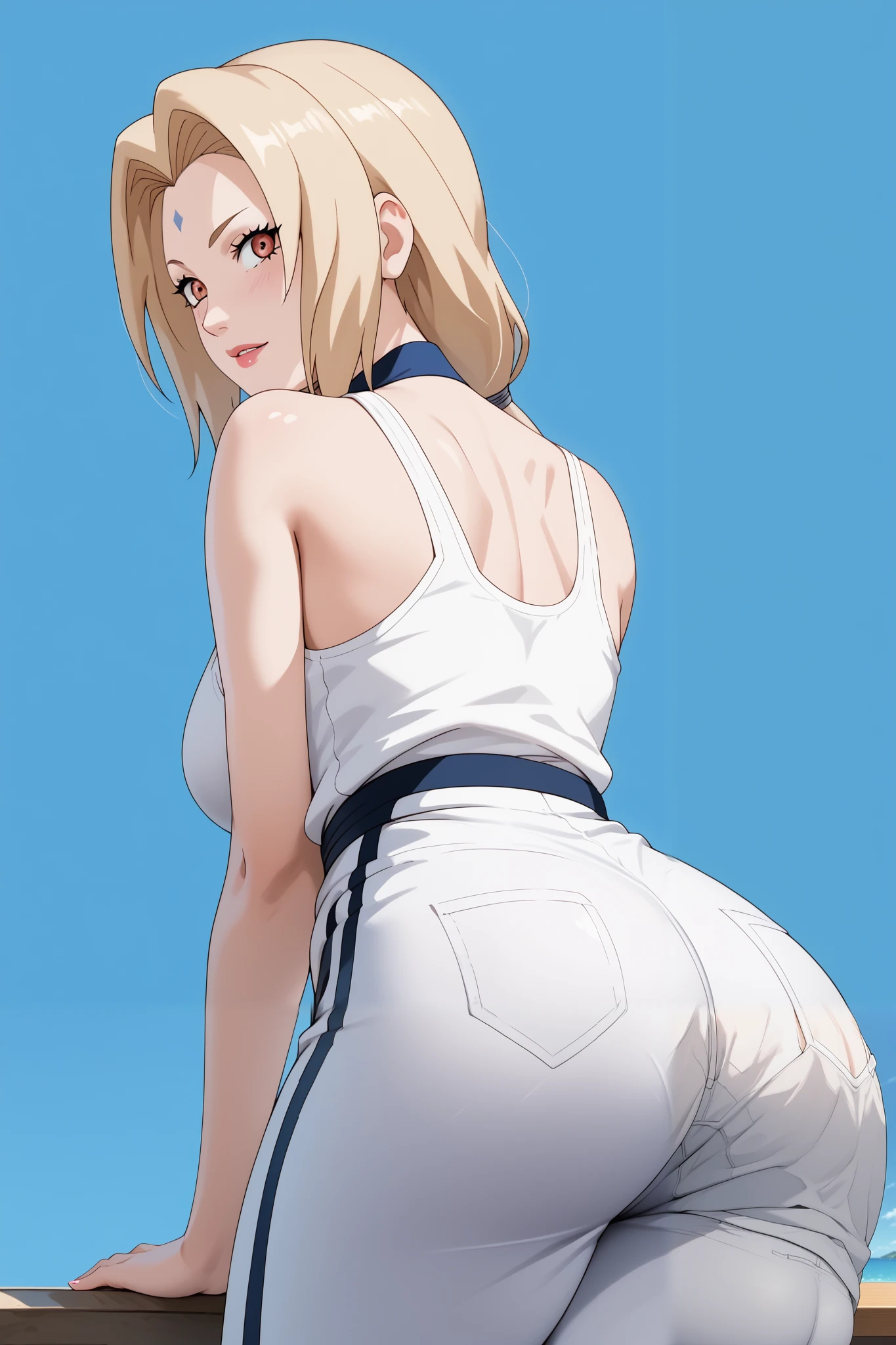 Masterpiece, extremely detailed,perfect quality,4k ,2D ultra graphic,anime,tsunade,bigbreasts ,sexy,perfect sexy body,slim body,sexy ass,long legs,((squad )),beauty korean face ,manhwa face ,ambarrased face ,white tanktop,sexy white short pants,back looks,white plain background