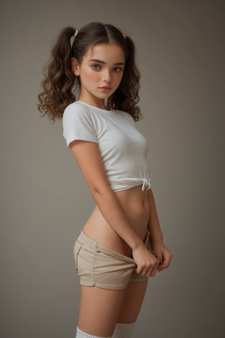  brunette girl with a Slim waist, small ass, with drawn on  freckles and shadows of light and dark. Seductively gazes at the viewer, teasing to remove her shorts. Wavy hair, twintails 

Wearing a super tight white undershirt and a knit cardigan. Tall white socks that go up to her thighs, khaki shorts. 

The nanny is so bored!

She looks like a cute nanny, shorts pulled down