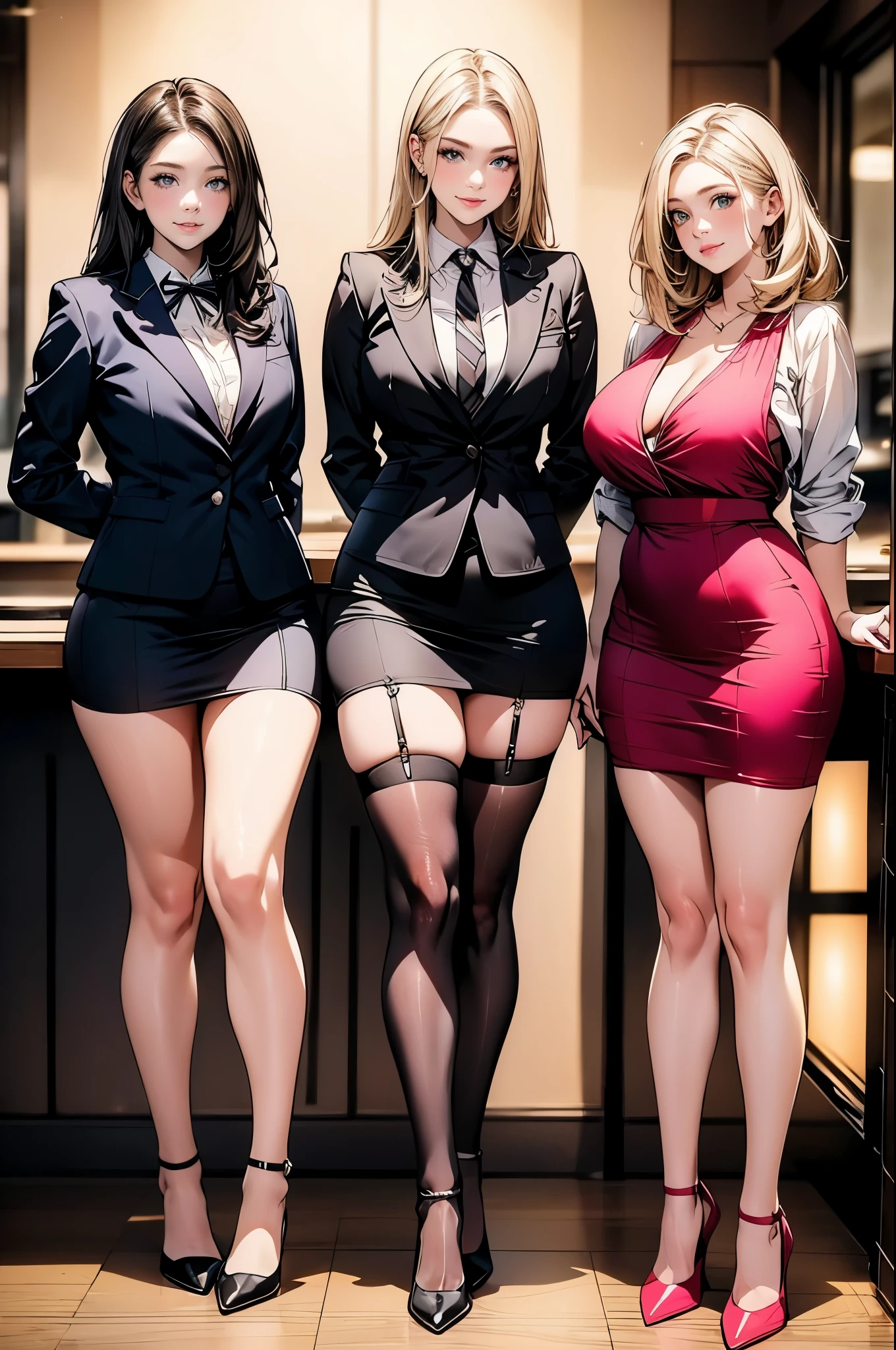 A group of women police officers, sexy body, curvy body, big breasts, cleavage, big hip, ((stockings, garter belts, police outfit, necktie)), smiling, beautiful face, detailed face, very detailed, beautiful eyes, full body, full body shot, high quality, detailed background, high resolution, 8k resolution, ultra high detail, beatiful skin, perfect body, perfect anatomy,