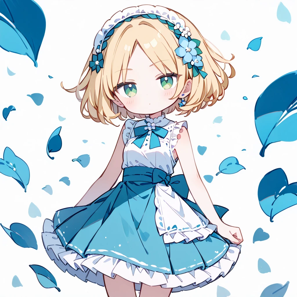  1 girl, Chibi,  Line Art, Blonde、 short bob 、Parted bangs、 green eyes、 white ruffled sleeveless、Blue flower hair ornament、scattered petals 