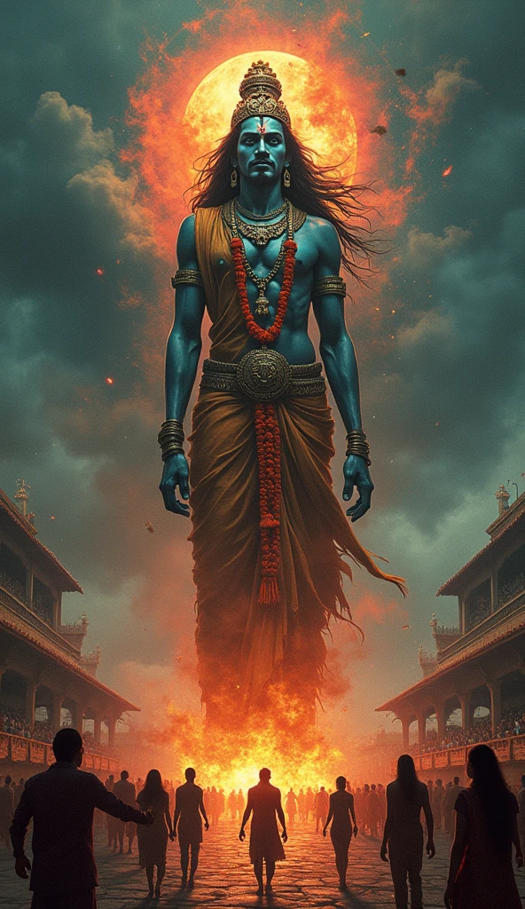 Lord krishna with 6 pac bodybuilding in cyberpunk city and orange and blue colour light in background and glowing his eyes in red colour
