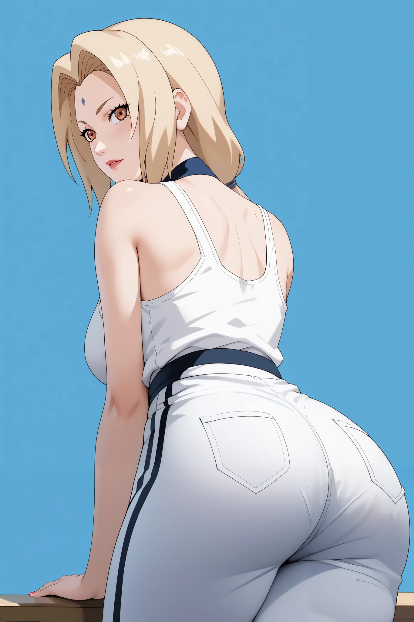 Masterpiece, extremely detailed,perfect quality,4k ,2D ultra graphic,anime,tsunade,bigbreasts ,sexy,perfect sexy body,slim body,sexy ass,long legs,((squad )),beauty korean face ,manhwa face ,ambarrased face ,white tanktop,sexy white short pants,back looks,white plain background