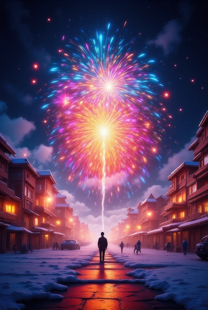  New Year Beautiful Fireworks It's snowing Beautiful Night Great Atmosphere, 2025 text , great , BRIGHT,  beautiful colors ,  masterpiece fails, 8 k,  maximum details ,  better quality ,  complex details ,