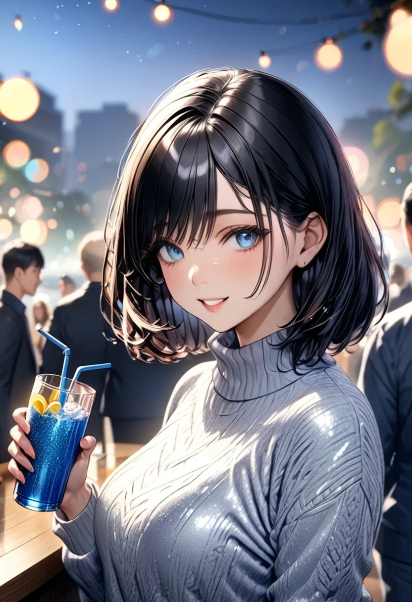 (masterpiece,  BEST ILLUSTRATION, super detailed ), new year party ,  beautiful eyes , Soft drinks(( Glitter Effects  ,  background blur ))