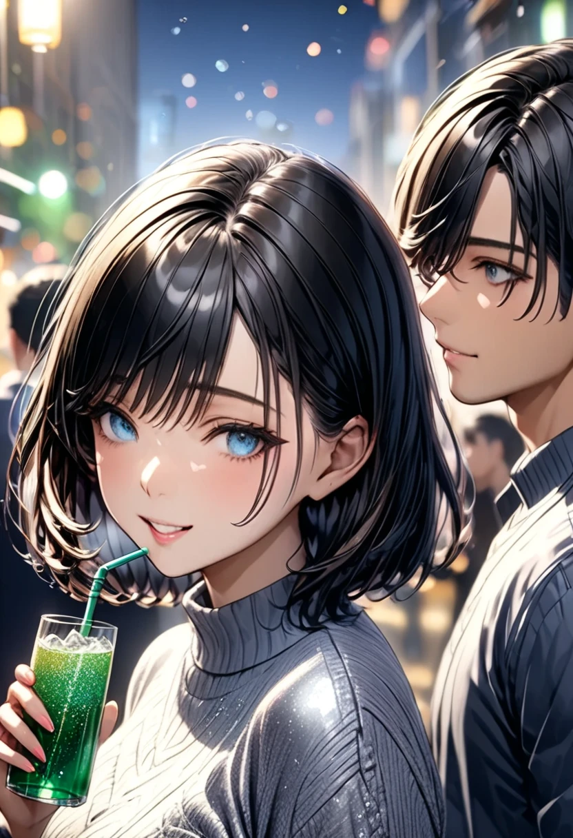 (masterpiece,  BEST ILLUSTRATION, super detailed ), new year party ,  beautiful eyes , Soft drinks(( Glitter Effects  ,  background blur ))