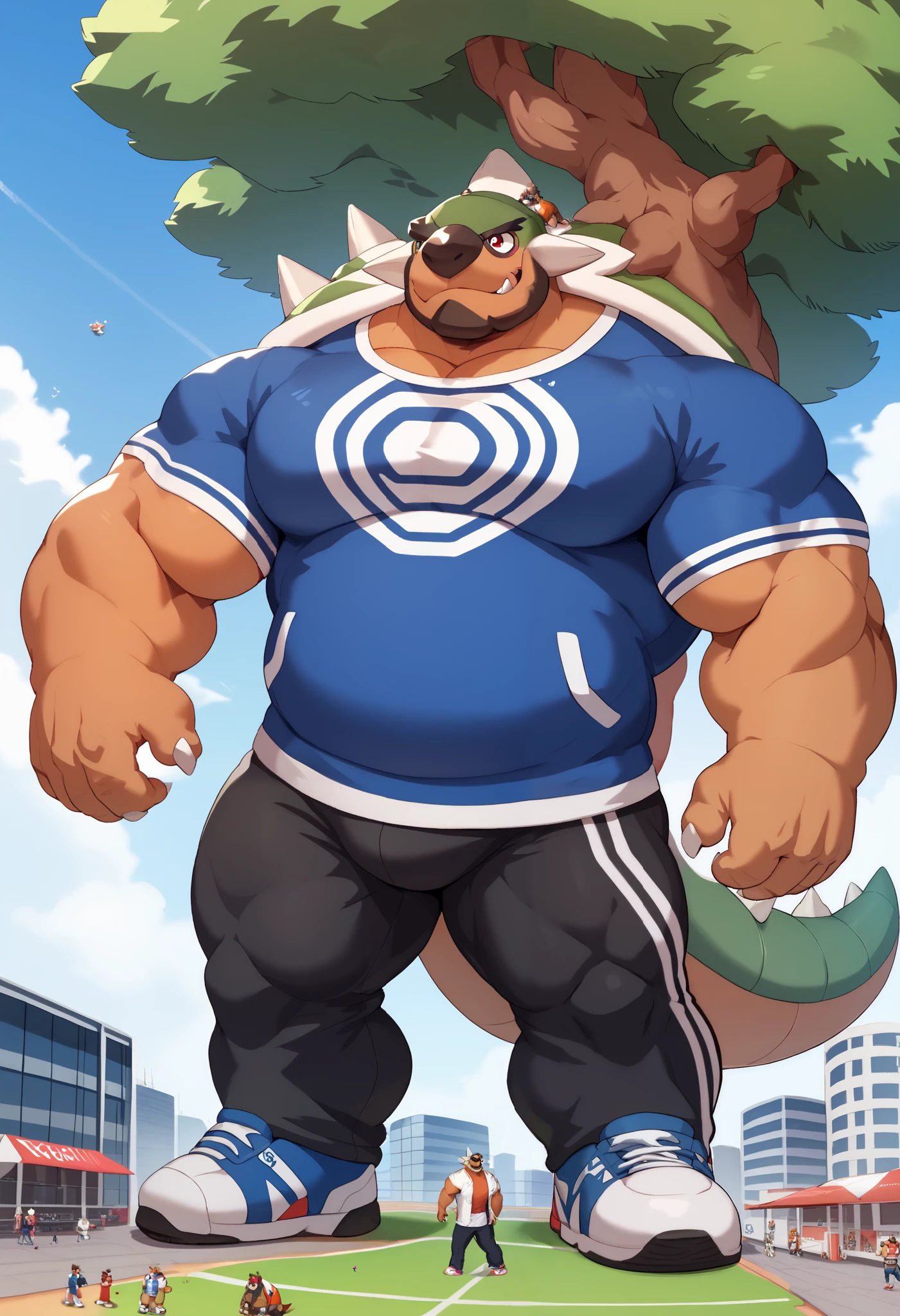 Scribble torterra face,furry(torterra),chubby, muscular, big strong muscle,( black eyebrows :1.1),(perfect eyes), fur，alone,（artist:takemoto arashi),（jock:1.3）， standing, Sneakers，（ Black beard :1.3），（Civil :1.3, College jacket, t-shirt, pants) torterra (Massiv:3.0, ( heavyweight , strong,Macro, Emphasize, stands next to buildings,)), background (( university campus )), torterra, pokemon \(creature\), tree, red eyes, claws, spikes, short tail