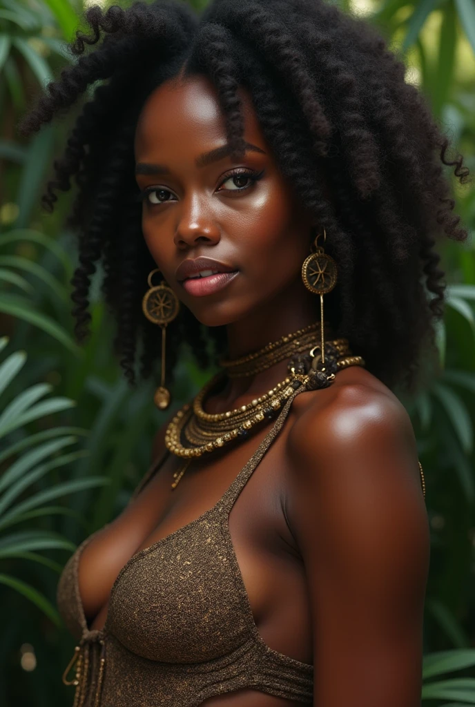 Realism, photorealism, A stunning skinny ebony girl with luscious curls cascading down her back, radiant skin glowing under the golden sunlight, adorned with intricate tribal jewelry and vibrant traditional attire, standing in a lush savannah teeming with life, tall grass swaying in the gentle breeze, wildlife roaming freely in the background, exuding confidence and allure, Photography, natural light with a portrait lens (85mm f/1.8), capturing every detail with warmth and intimacy, --ar 16:9 --v 5