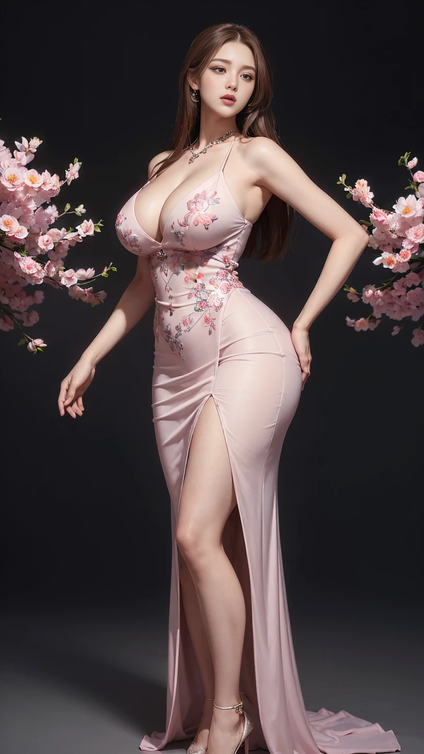 (best quality, ultra-detailed, realistic:1.37),portrait,voluptuous woman,flower,tight dress, Random dress color, passionate look,large buttocks,vibrant colors,soft lighting, standing, full body view, extreme tall, long legs, very tall, tall,