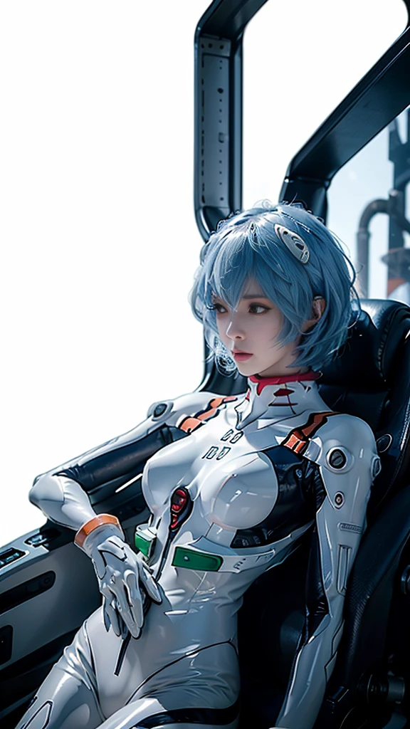 "A highly detailed and hyper-realistic depiction of a slender 15-year-old girl with short, light-blue hair styled in a neat bob with soft, wispy edges. She is wearing the iconic white Unit-00 plugsuit, which features blue and green accents, with a glowing orange interface headset resting lightly above her head. She is seated in the cockpit of an Evangelion, gripping the controls with both hands—her right and left hands positioned firmly on the pilot handles. Her expression is calm but resolute, reflecting her inner strength and stoic demeanor. The Evangelion cockpit is intricately detailed, featuring glowing instrument panels, mechanical elements, and a futuristic atmosphere. The lighting emphasizes her serene yet determined energy, with subtle glints highlighting her pale complexion and the texture of her plugsuit. The perspective is centered on her upper body, showcasing her posture and emotion while immersing the viewer in the advanced and high-stakes cockpit environment."