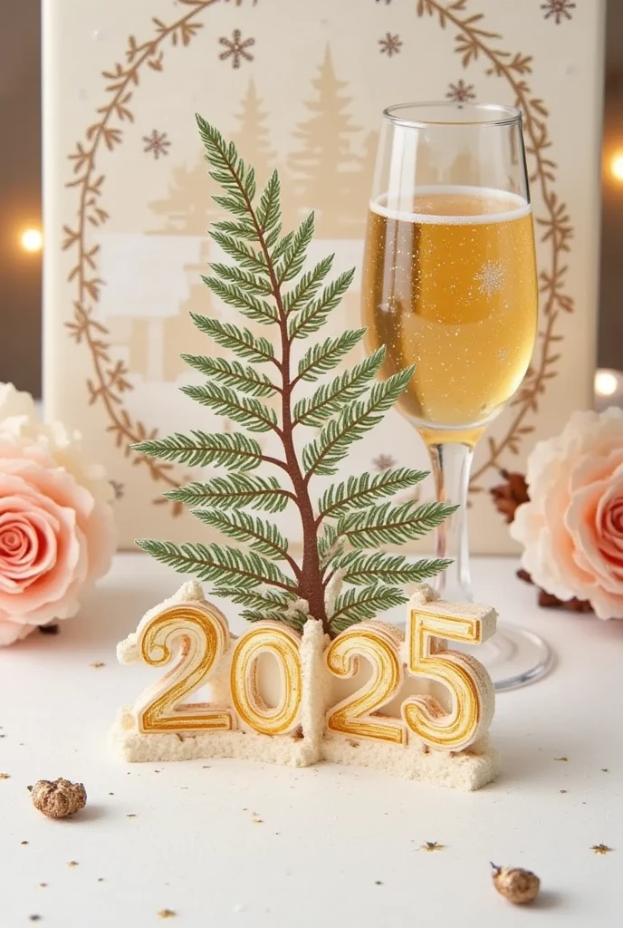 A winter picture with a fir twig a champagne a glass with winter drawing and the written year 2025