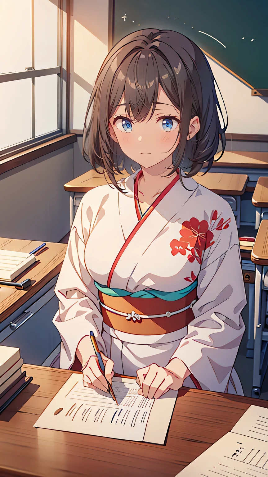 “A classroom scene during a calligraphy lesson in a Japanese high school. Students are seated at their desks, each with a calligraphy set: brushes, ink stones, and paper. The teacher, an older woman in a traditional kimono, stands at the front of the room, demonstrating a technique on a large piece of paper. The students are focused, carefully following her example as they begin to practice on their own. The atmosphere is quiet and studious, with a mix of concentration and curiosity on the students’ faces.”