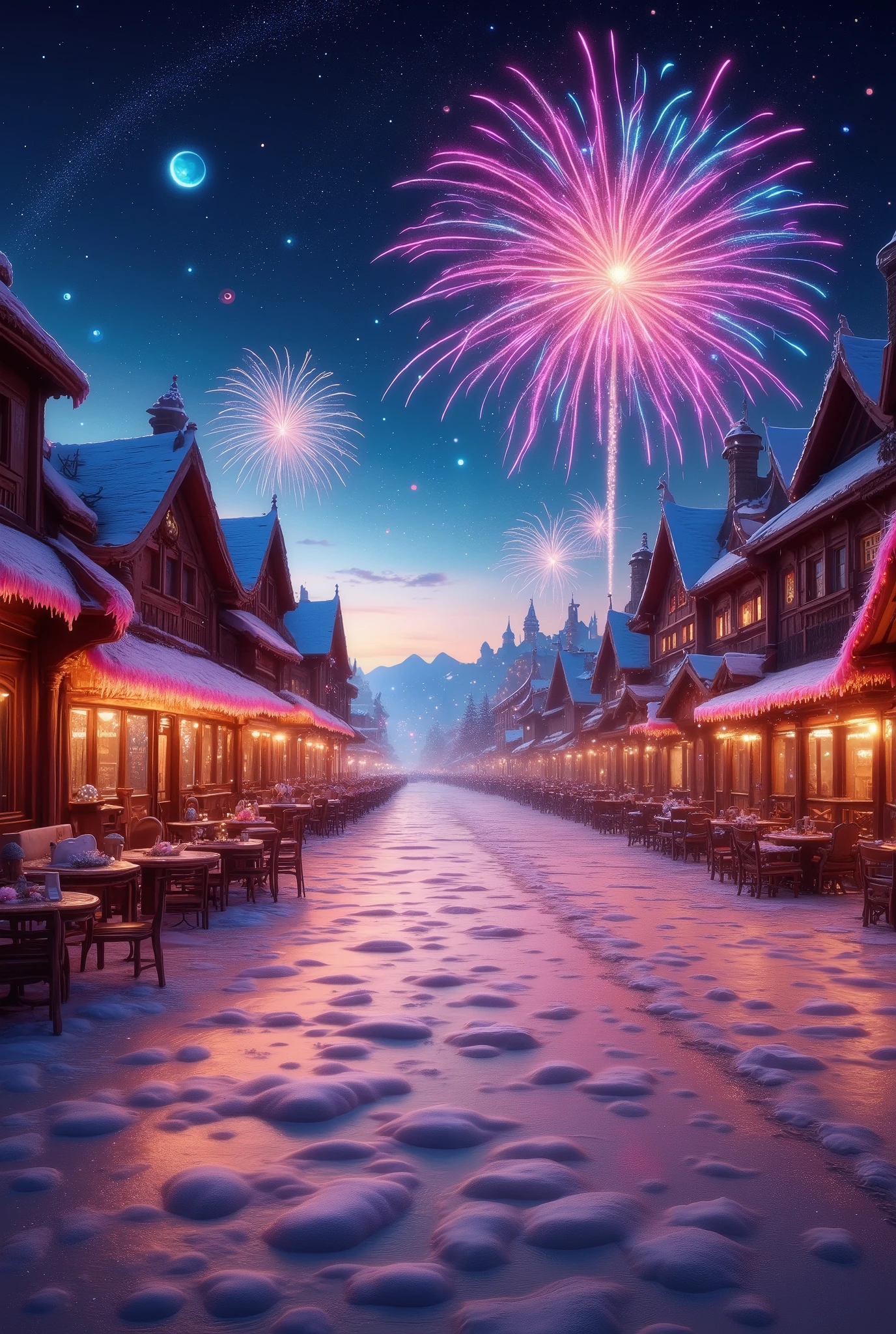 wallpaper, New Year Decorations , garlands ,  Beautiful Fireworks It's snowing Beautiful Night Great Atmosphere, text "2025", great , BRIGHT,  beautiful colors ,  masterpiece fails, 8 k,  maximum details ,  better quality ,  complex details , 