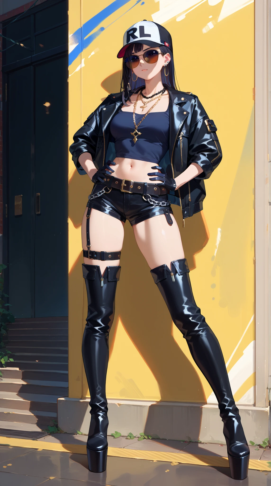  extra long platform thigh-high boots　Full body painting　cap black short leather jacket　 necklace　 black leather hotpants 　 thick belt　Black gloves　 necklace　 large belt buckle　Tall, long-legged woman　Chain wallet 　 long black hair 　 sunglasses　Hands on hips　earring single