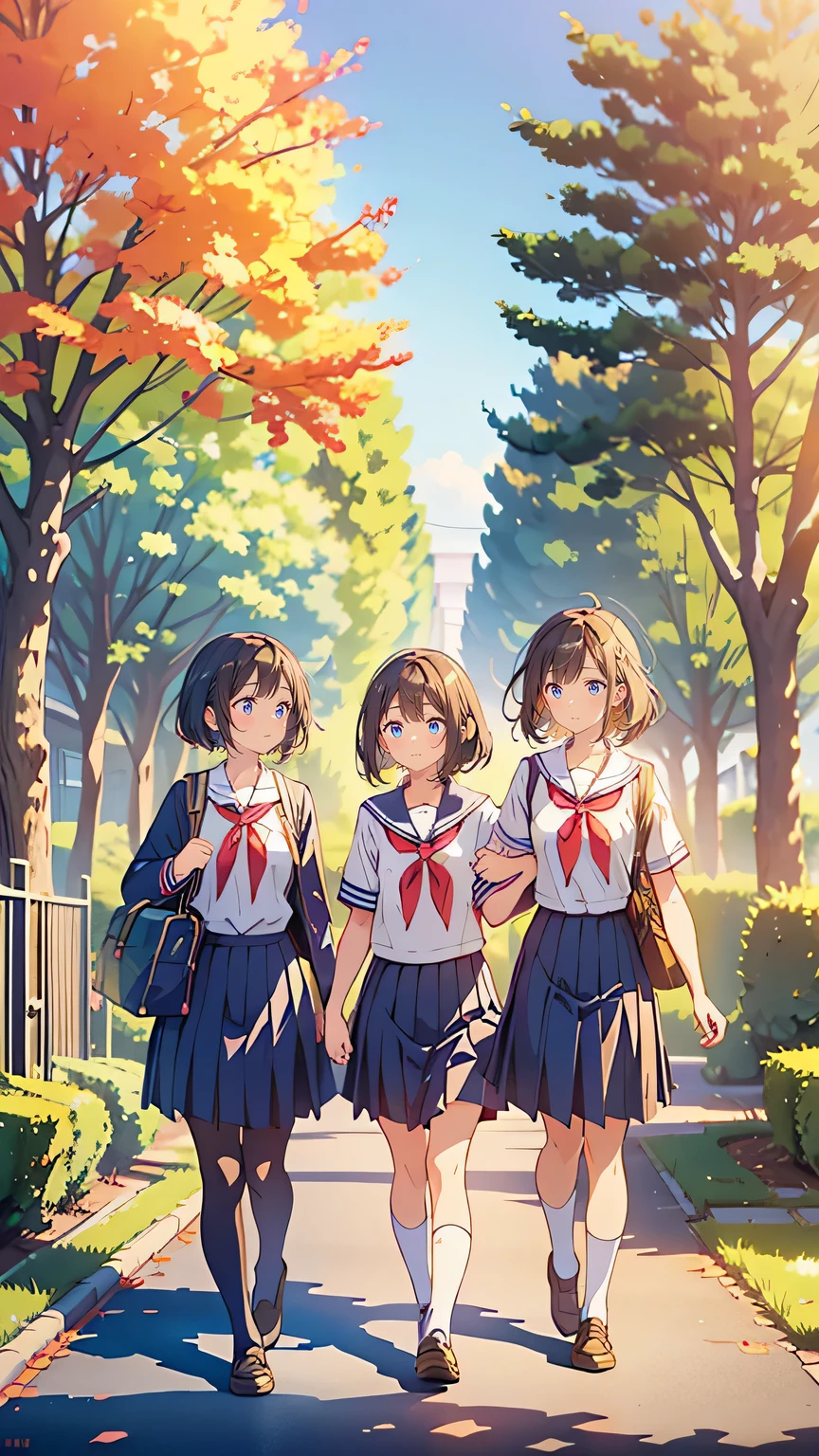 “A serene after-school scene of the calligraphy club members walking home together in the late afternoon. The sun is setting, casting a warm, golden glow over the quiet suburban streets. The girls are still in their school uniforms, carrying their bags and chatting happily as they walk through the tree-lined road. Their camaraderie is clear as they laugh and talk about the day’s events, with one girl holding a practice calligraphy sheet she is proud of. The mood is relaxed and friendly, capturing the simplicity of everyday high school life.”