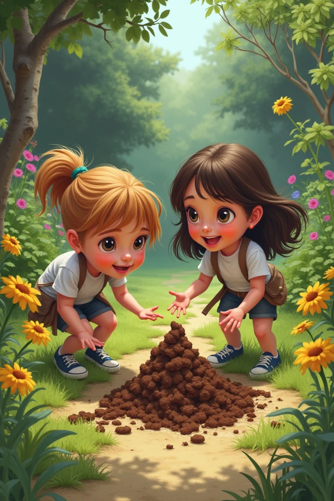 Imagine two girl age 12 year 9 year digging a hole in a old person's backyard. Make this image realistic not cartoonist