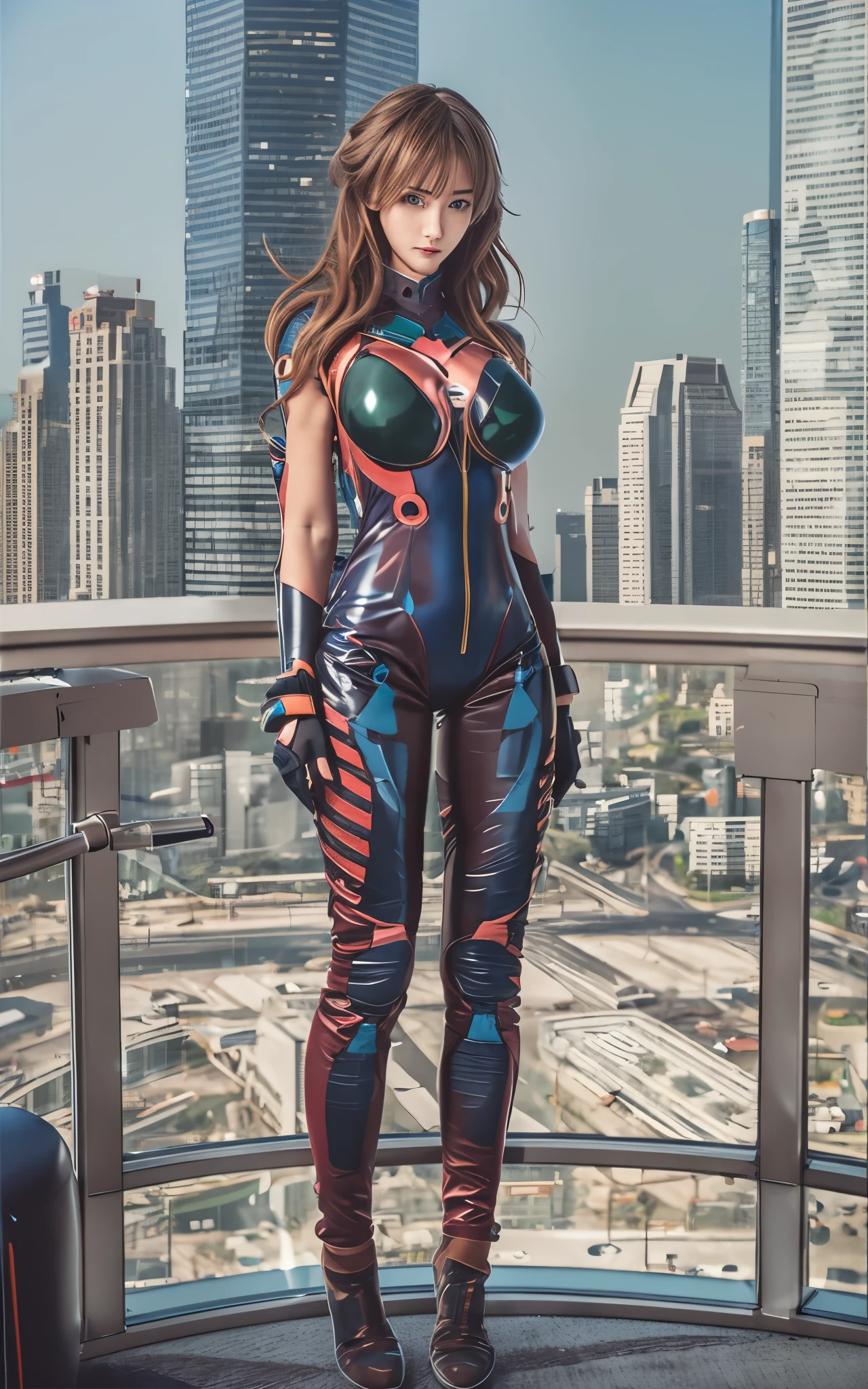 ((Best Quality)), ((masutepiece)), (Detailed: 1.4), (Absurd), Caucasian female fighter pilot ready for war, front walking, muscular sculptural body defined, Closed mouth, muscular body covered by technological clothing, Cyberpunk, ((perfect large breasts)), (blue eyes without pupils), long manga-style eyelashes, close to real, Crazy face, Sexy Pose, Centered, scale to fit the dimensions, nffsw (High dynamic range),Ray tracing,Hyper-Resolution,Unreal 5,Subsurface Dispersion, PBR Texture, Post-processing, Anisotropy Filtering, depth of fields,  Maximum clarity and sharpness, Multilayer textures, Surface Shading, accurate simulation of light and material interactions, Perfect proportions, thirds rule, top-quality, ultra-detailliert, Being on the roof of a skyscraper, Smooth bodysuit, spiffy plugsuit, spiffy bodysuit