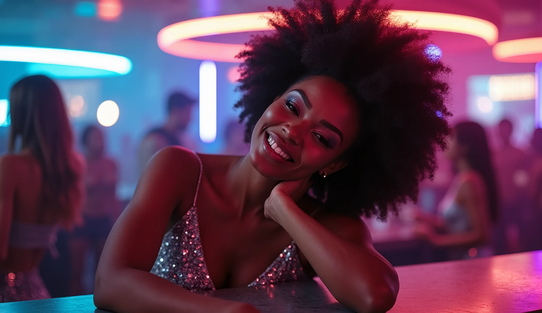 A black woman with curly brown Afro hair with EazyE at the club holding her she smiling