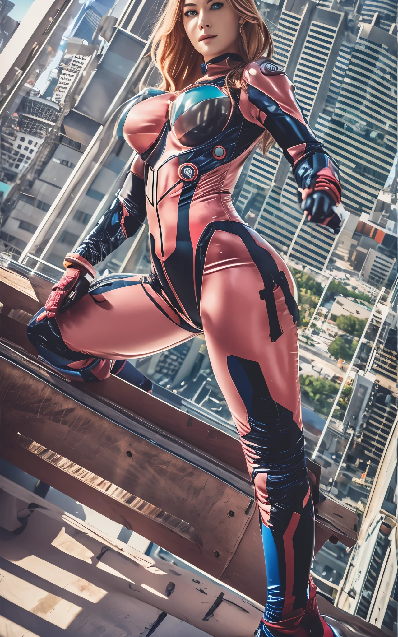 ((Best Quality)), ((masutepiece)), (Detailed: 1.4), (Absurd), Caucasian female fighter pilot ready for war, front walking, muscular sculptural body defined, Closed mouth, muscular body covered by technological clothing, Cyberpunk, ((perfect large breasts)), (blue eyes without pupils), long manga-style eyelashes, close to real, Crazy face, Sexy Pose, Centered, scale to fit the dimensions, nffsw (High dynamic range),Ray tracing,Hyper-Resolution,Unreal 5,Subsurface Dispersion, PBR Texture, Post-processing, Anisotropy Filtering, depth of fields,  Maximum clarity and sharpness, Multilayer textures, Surface Shading, accurate simulation of light and material interactions, Perfect proportions, thirds rule, top-quality, ultra-detailliert, Being on the roof of a skyscraper, Smooth bodysuit, spiffy plugsuit, spiffy bodysuit