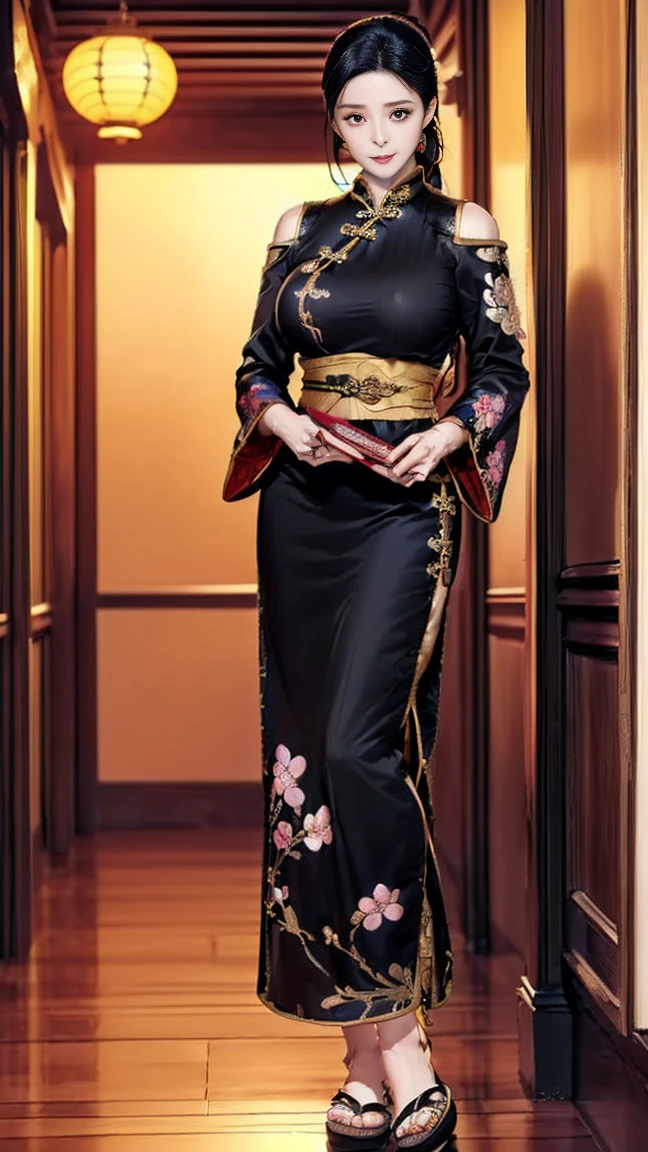 (ultra-detailed, photorealistic, best quality, 4k, highres, masterpiece:1.3), Crown Princess Xian Li, snow-white flawless skin, (long straight black hair), adorned with delicate jeweled pins, piercing cold gray eyes, red velvet lips contrasting her pale complexion, (wearing elegant  black kimono with gold embroidery),( intricate embroidery and delicate lace), emotionless calm expression, background elements of the royal palace, rich decor, regal atmosphere, highlighting her royal status and ethereal beauty, (intricate detail, super finely detailed hands, ultra finely detailed fingers, full body showcase, show full body).