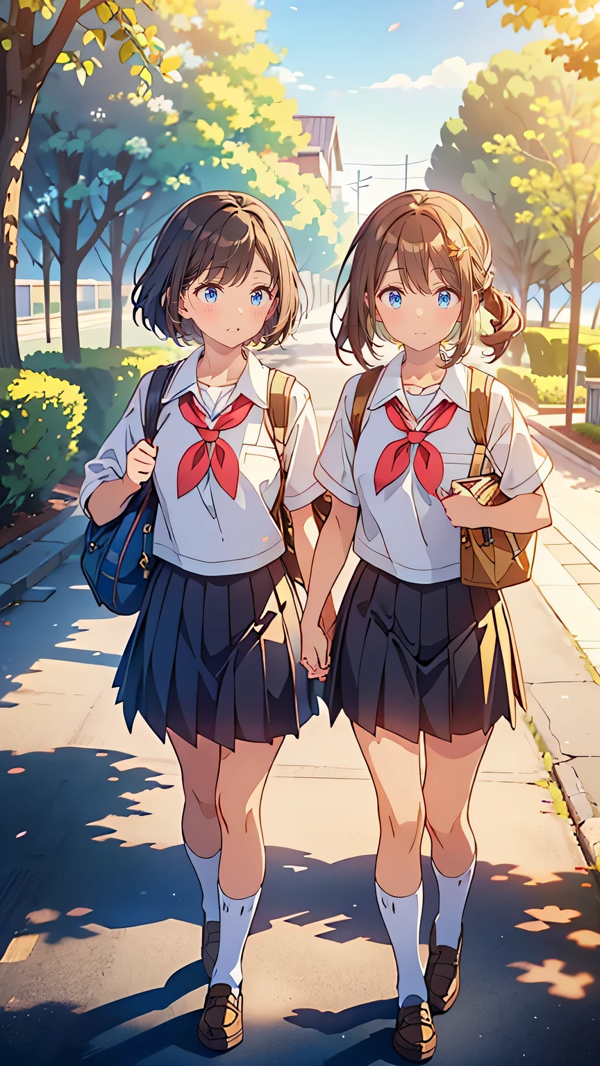 “A serene after-school scene of the calligraphy club members walking home together in the late afternoon. The sun is setting, casting a warm, golden glow over the quiet suburban streets. The girls are still in their school uniforms, carrying their bags and chatting happily as they walk through the tree-lined road. Their camaraderie is clear as they laugh and talk about the day’s events, with one girl holding a practice calligraphy sheet she is proud of. The mood is relaxed and friendly, capturing the simplicity of everyday high school life.”