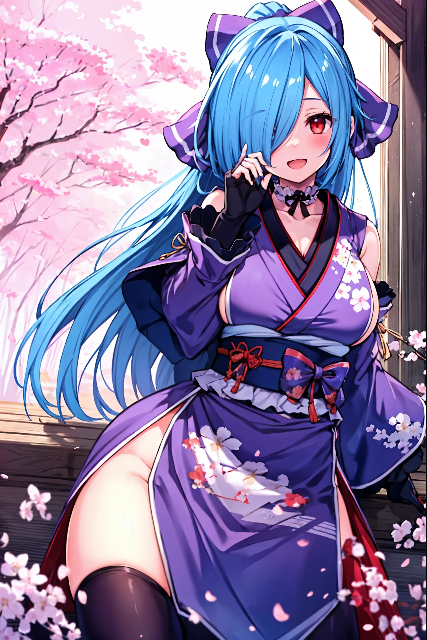 masterpiece, best quality, (1girl, solo),
yamato iori, 1ung_teirl, virtual youtuber, solo, gloves, bow, hair bow, long hair, hair over one eye, thighhighs, blue hair, fingerless gloves, red eyes, japanese clothes, full body, detached sleeves, ponytail, looking at viewer, black gloves, very long hair, (heavy&soft_large_breasts:1.4), purple bow, kimono, smile, open mouth, transparent background, kneeliog,sitting, sash, obi, purple kimono
blush,cherry blossoms,
( outdoors, forest, upper body, dynamic pose, looking at viewer, ),plump