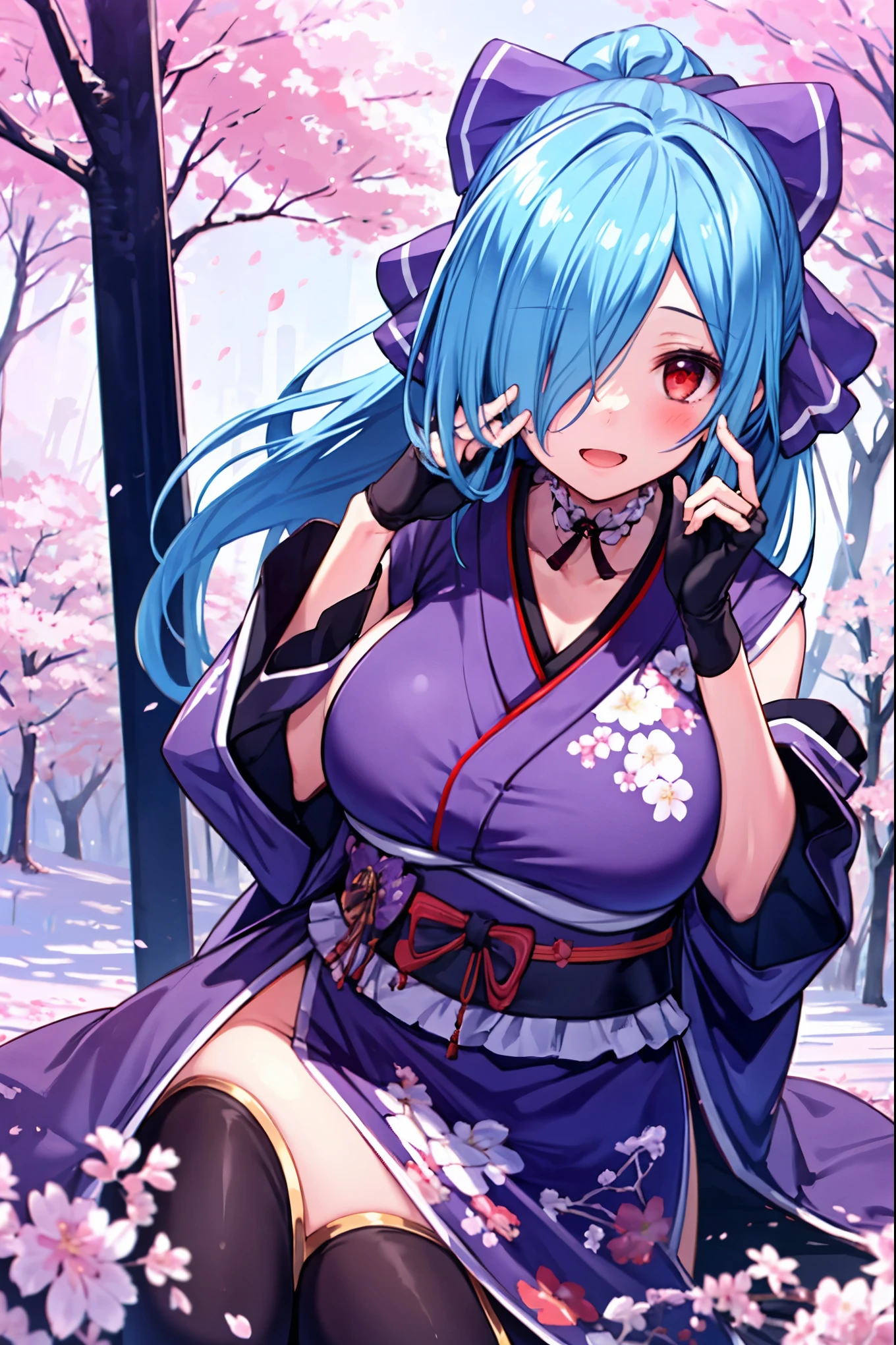 masterpiece, best quality, (1girl, solo),
yamato iori, 1young_teen_girl, virtual youtuber, solo, gloves, bow, hair bow, long hair, hair over one eye, thighhighs, blue hair, fingerless gloves, red eyes, japanese clothes, full body, detached sleeves, ponytail, looking at viewer, black gloves, very long hair, (heavy&soft_large_breasts:1.4), purple bow, kimono, smile, open mouth, transparent background, kneeliog,sitting, sash, obi, purple kimono
blush,cherry blossoms,
( outdoors, forest, upper body,  dynamic pose, looking at viewer, ),plump