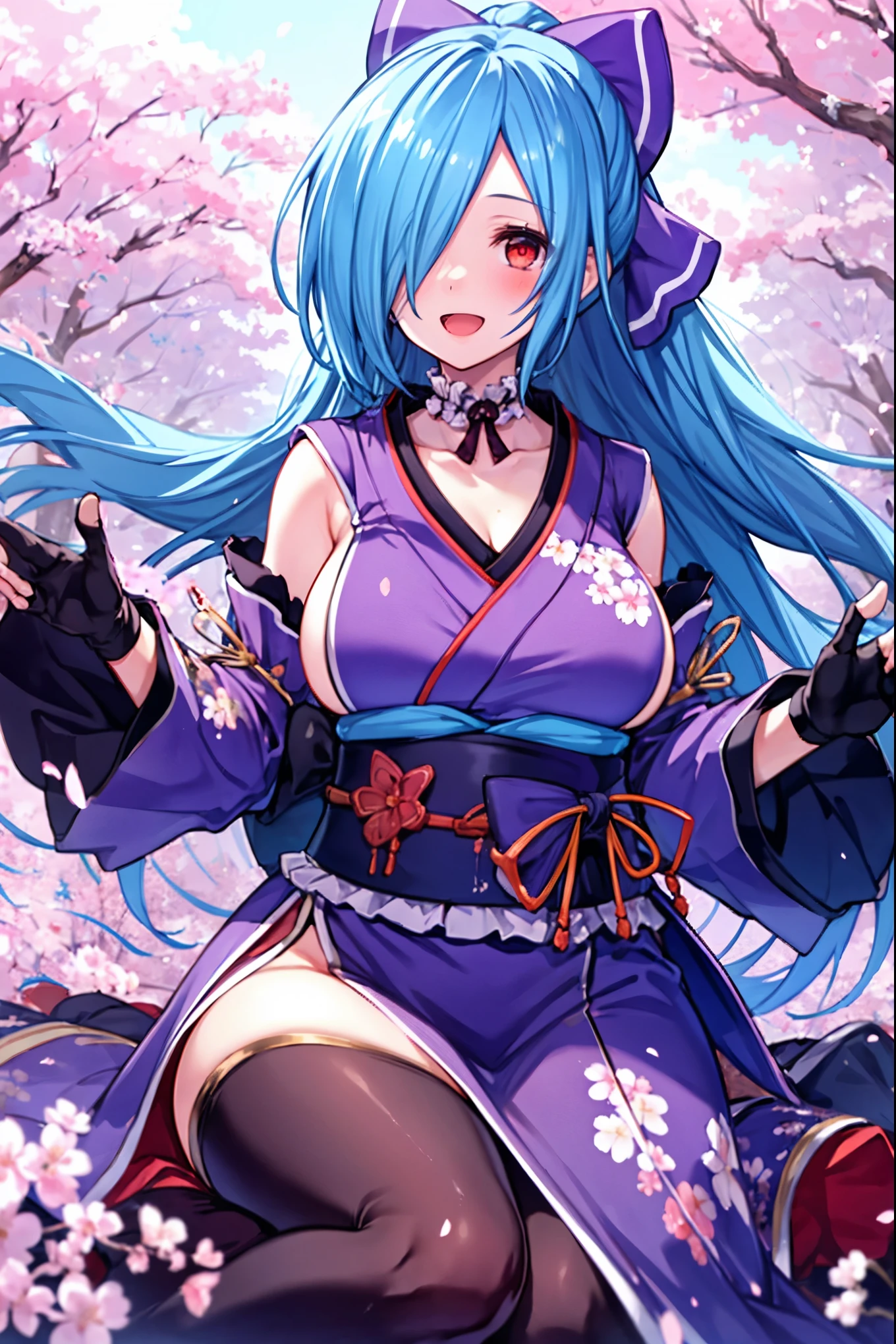 masterpiece, best quality, (1girl, solo),
yamato iori, 1young_teen_girl, virtual youtuber, solo, gloves, bow, hair bow, long hair, hair over one eye, thighhighs, blue hair, fingerless gloves, red eyes, japanese clothes, full body, detached sleeves, ponytail, looking at viewer, black gloves, very long hair, (heavy&soft_large_breasts:1.4), purple bow, kimono, smile, open mouth, transparent background, kneeliog,sitting, sash, obi, purple kimono
blush,cherry blossoms,
( outdoors, forest, upper body, dynamic pose, looking at viewer, ),plump