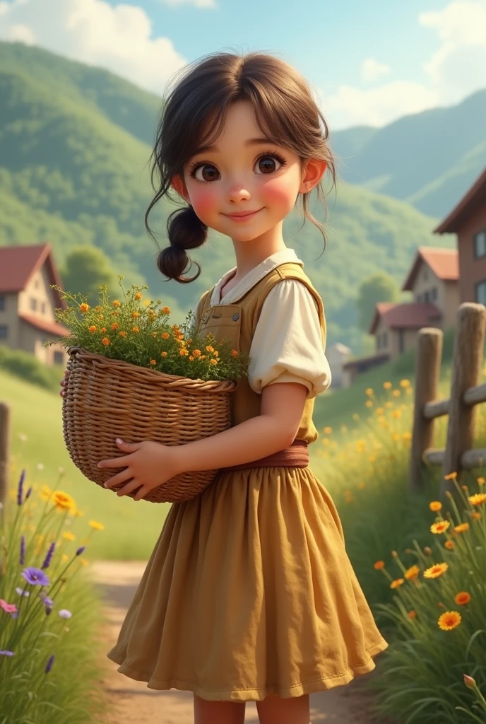 (pixarstyle:1.25) a waist-length portrait of a little girl with a basket of flowers, overgrown with poppy flower, natural skin texture, 4k textures, hdr, intricate, highly detailed, sharp focus, cinematic look, hyperdetailed