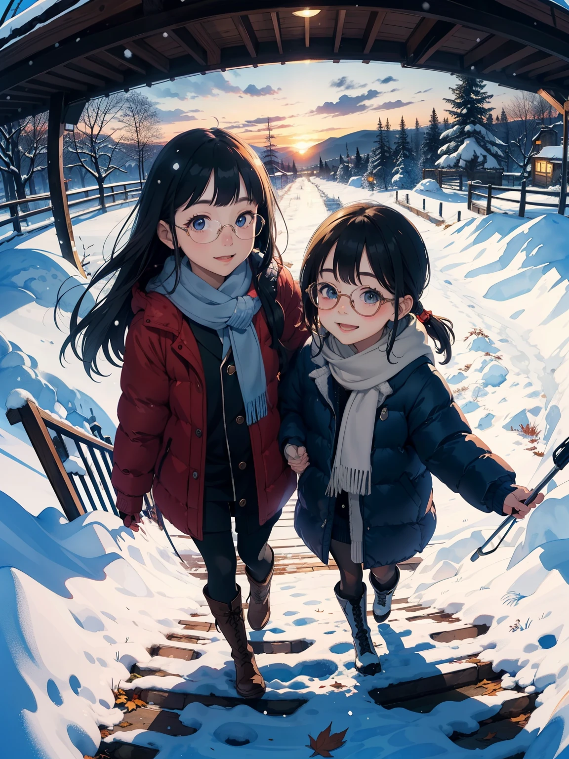 masterpiece， top quality ， high image quality，( super flat ， FLAT SHADING )，Stylish glasses，beautiful dark hair， fisheye lens， adorable little young happy sow and her adorable :1.2，Warm free wrapped scarf ， Down Jacket，(naked)，  long hair，  knit dress，tights，  boots，smile，smile，   White Breath，fun, play，Park garden overlooking the winter city ，Autumn leaves，Snow Scene，Clear Winter Skies ，At dusk，Beautiful sunset，Wide angle，  bright color，watercolor,   Ghibli style，Strong winds， girl &#39;Lure，