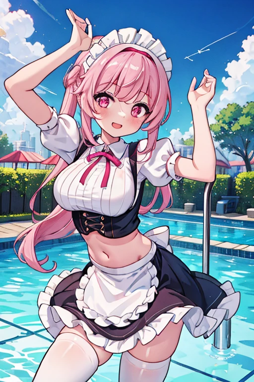 1girl, large breasts, breasts, thick thighs, twintails, pink hair, very short hair, short hair, blue eyes, headband, maid headband, thighhighs, smile, light smile, bikini, black bikini, beach, tall, tall female, mature female, hourglass figure