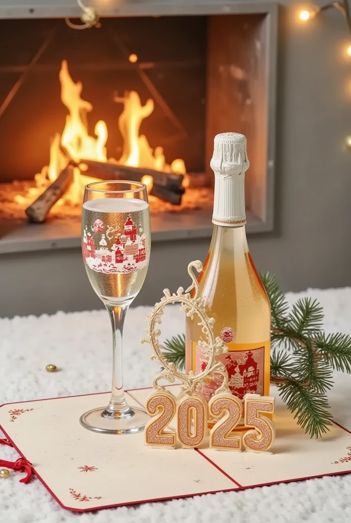  An image of winter with a spruce twig , a champagne ,  a glass with a drawing of winter and the written year 2025.a picture of a fireplace with fire