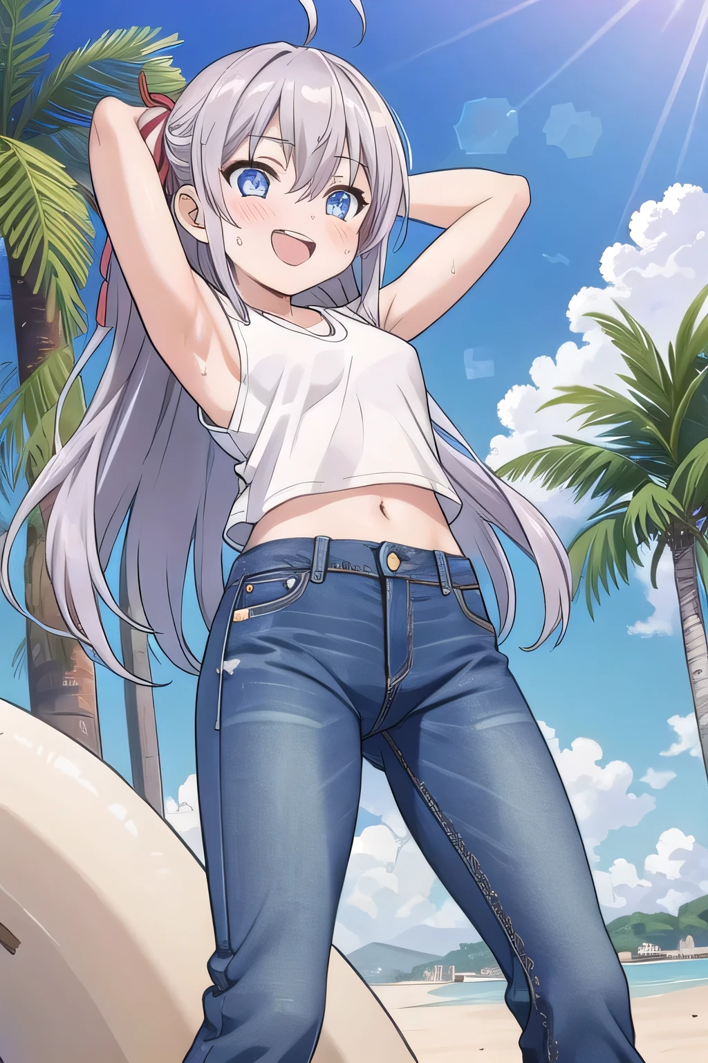 masterpiece,best quality,ultra detail,1girl, 14yo, petite, ((round face, ecstasy, orgasm face, drooping eyes, shame smiling, blush)), dropping eyes, sleepy, background((under the beach, (day:1.2), palm tree, bright sky)), Alisa Mikhailovna Kujou, ahoge, long hair, grey hair, hair intakes, hair ribbon,red ribbon, sidelocks, hair between eyes,parted bangs, blue eyes, arms behind head, contrapposto, spread armpits, looking at viewer,, (white tank top:1.4), (white crop top:1.4), (jeans pants:1.2, flares jeans:1.2, skinny jeans:1.2, blue jeans:1.2), standing, (legs spread:1.2), sex pose, Sweaty crotch, Steam from the crotch, from below, full medium body